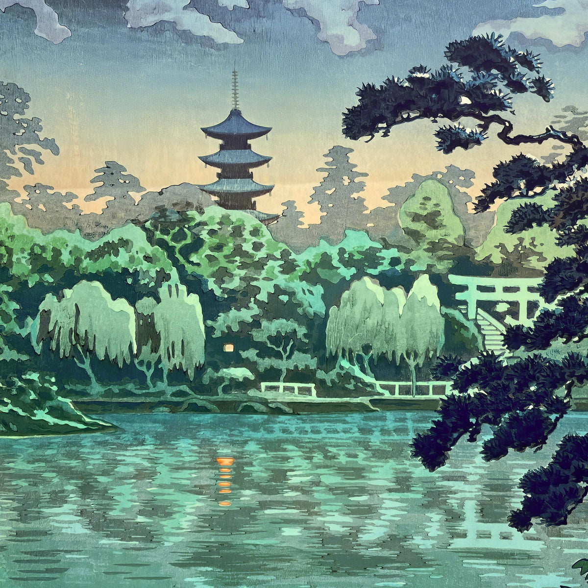 Shinobazu Pond in Ueno: Tsuchiya Koitsu | Vintage Edo Period Japanese Ukiyo-e Temple and Atmospheric Landscape Fine Art Print
