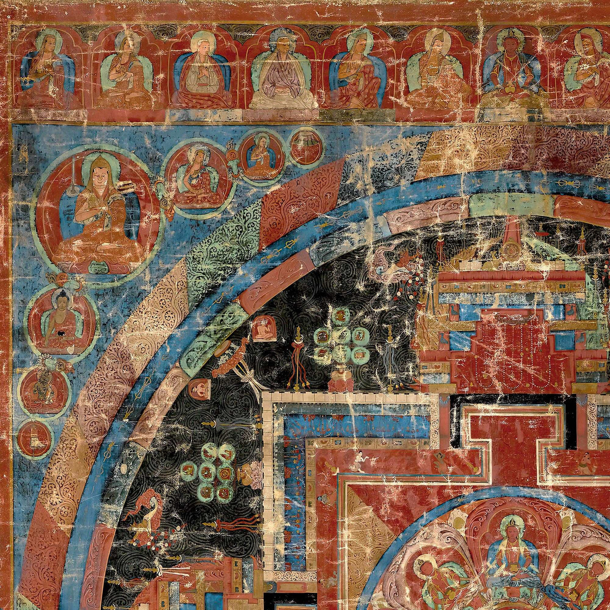 Nine Deity Tibetan Amitayus Mandala Thangka Vintage Nepal Antique Dharma Art | Buddhist Fine Art Print with Hanger