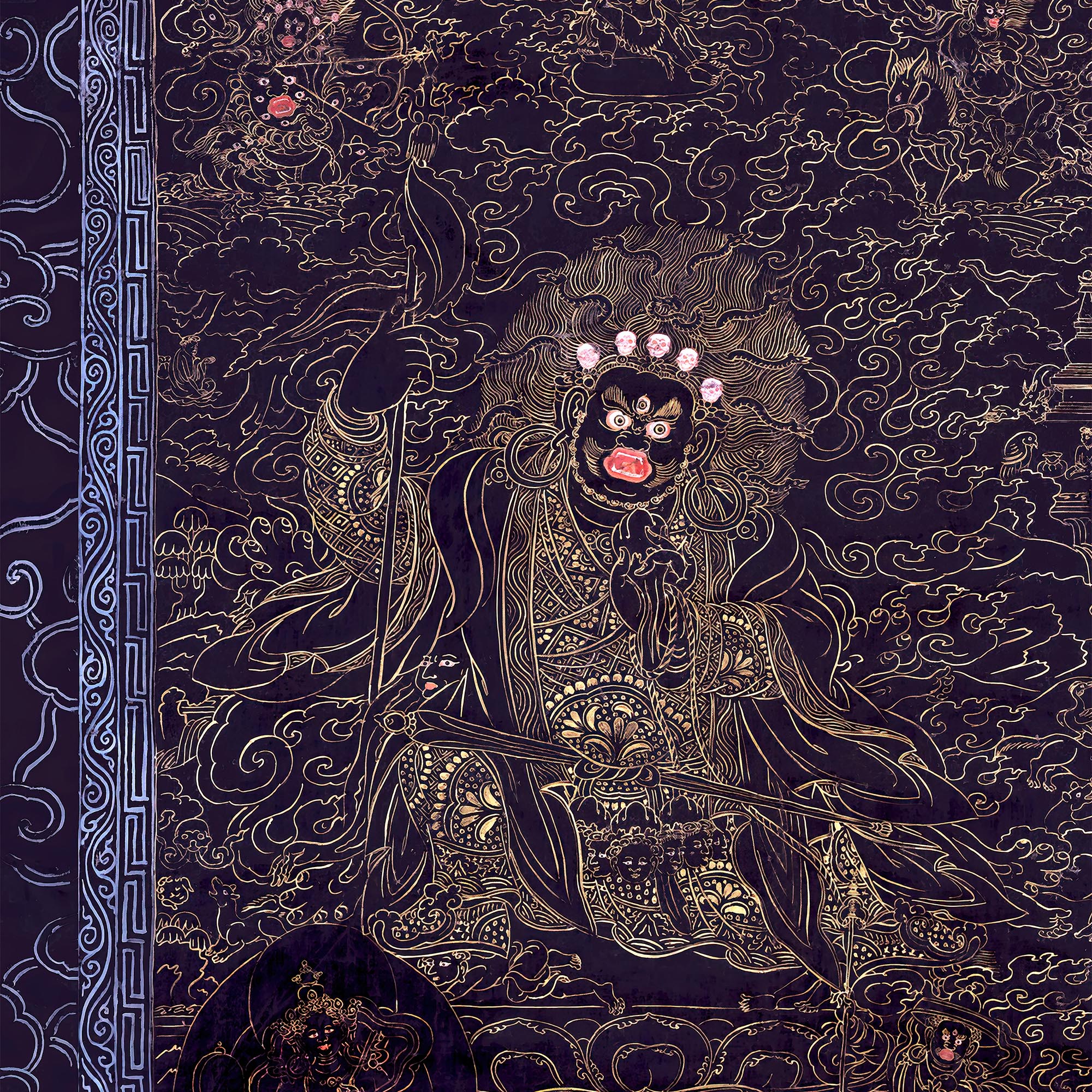 Cobalt and Gold Mahakala | Avalokiteshvara Abitabha Bodhisattva of Compassion | Vintage Tibetan Buddhist Thangka Fine Art Print-Sacred Surreal