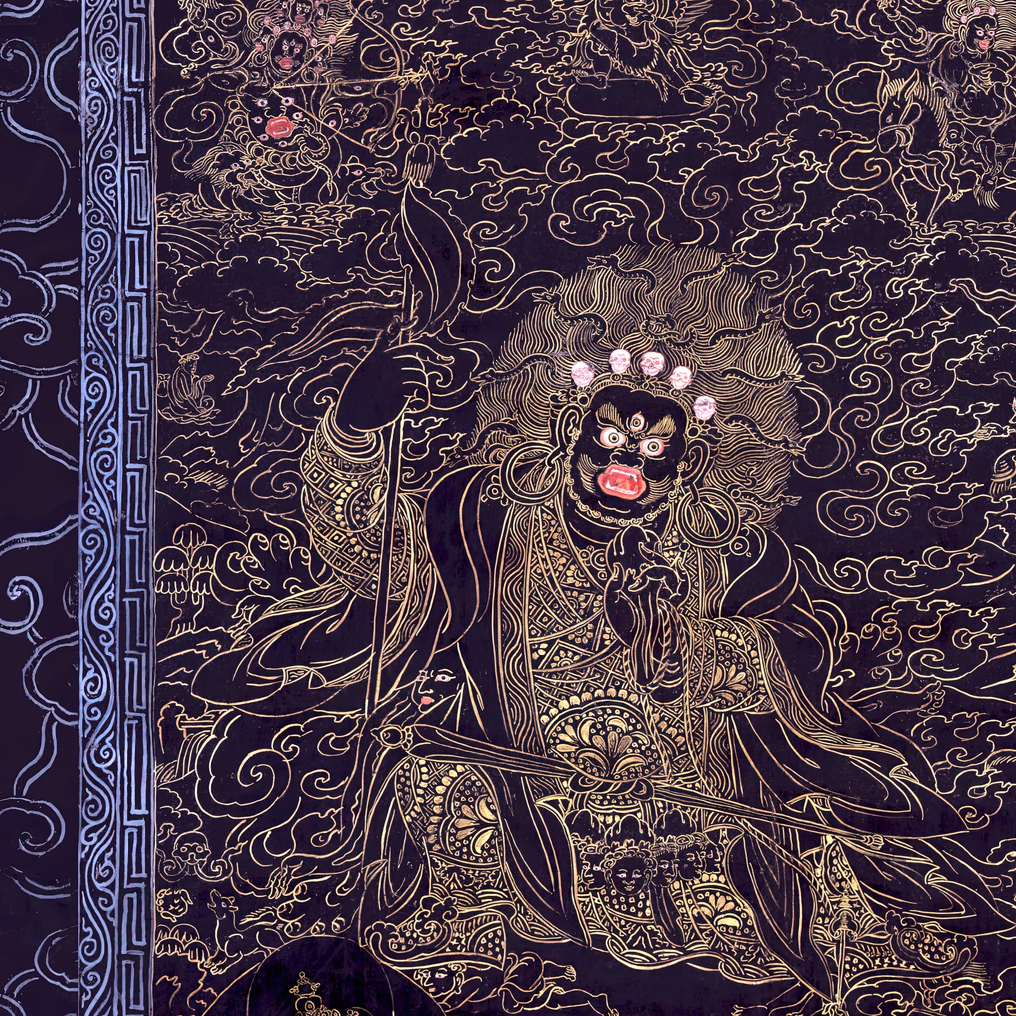 Cobalt and Gold Mahakala | Fierce Tibetan Nepal Mahayana Dharma Protector Thangka | Tantric Tantra All-Over-Print T-Shirt-Sacred Surreal