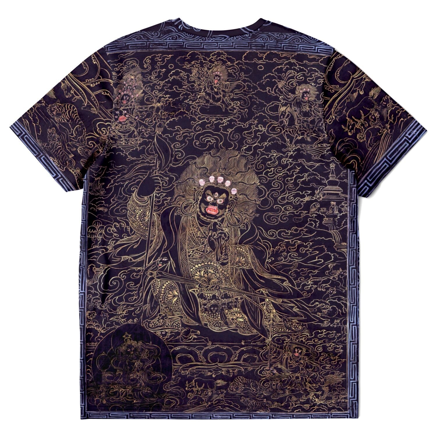 Cobalt and Gold Mahakala | Fierce Tibetan Nepal Mahayana Dharma Protector Thangka | Tantric Tantra All-Over-Print T-Shirt