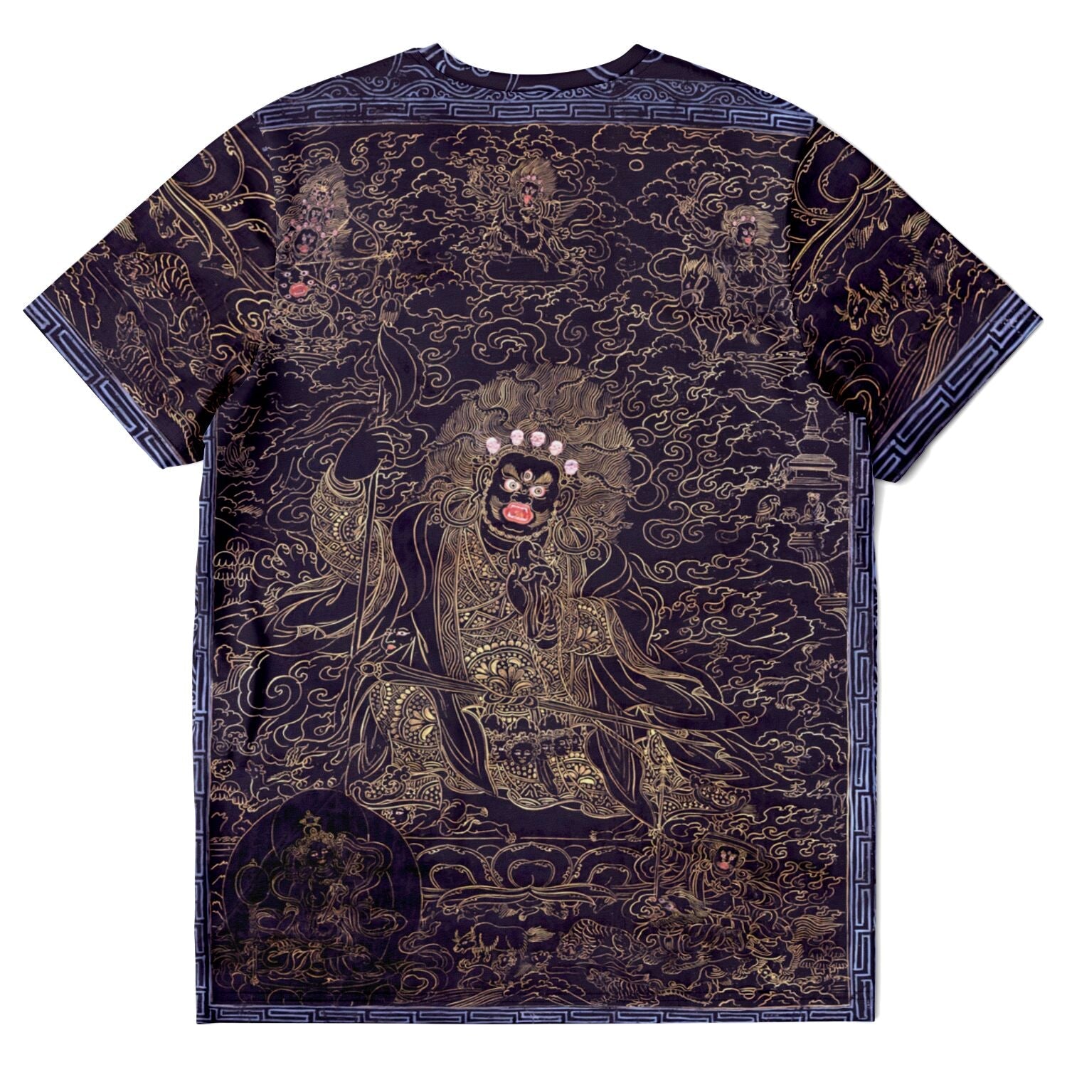 Cobalt and Gold Mahakala | Fierce Tibetan Nepal Mahayana Dharma Protector Thangka | Tantric Tantra All-Over-Print T-Shirt-Sacred Surreal