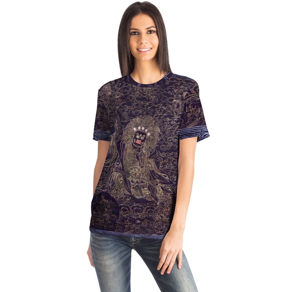 Cobalt and Gold Mahakala | Fierce Tibetan Nepal Mahayana Dharma Protector Thangka | Tantric Tantra All-Over-Print T-Shirt