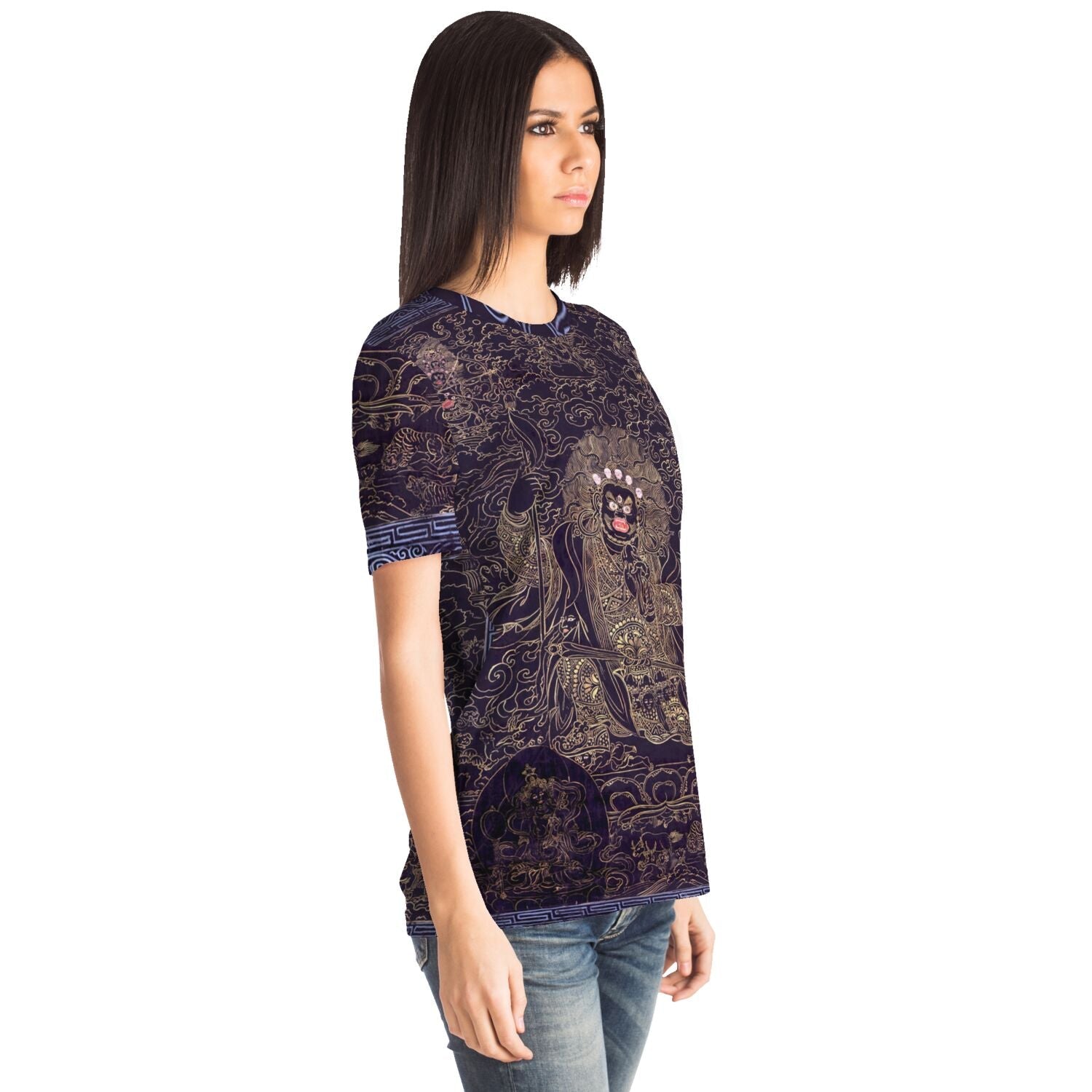 Cobalt and Gold Mahakala | Fierce Tibetan Nepal Mahayana Dharma Protector Thangka | Tantric Tantra All-Over-Print T-Shirt-Sacred Surreal