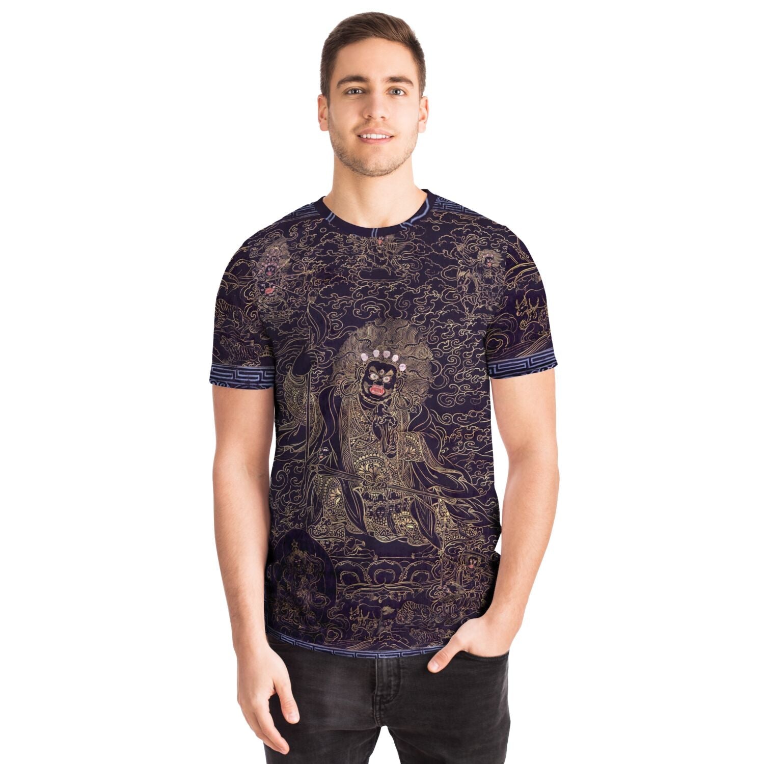 Cobalt and Gold Mahakala | Fierce Tibetan Nepal Mahayana Dharma Protector Thangka | Tantric Tantra All-Over-Print T-Shirt