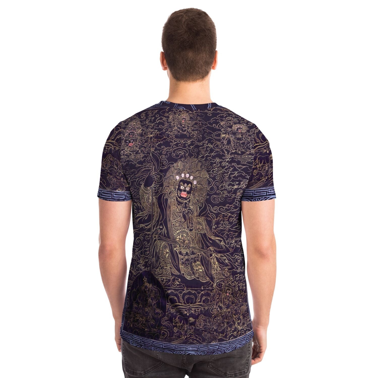 Cobalt and Gold Mahakala | Fierce Tibetan Nepal Mahayana Dharma Protector Thangka | Tantric Tantra All-Over-Print T-Shirt-Sacred Surreal