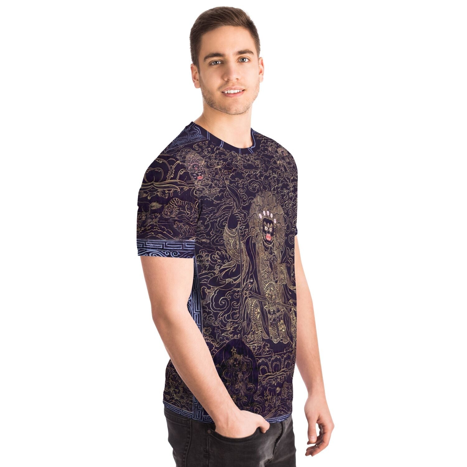 Cobalt and Gold Mahakala | Fierce Tibetan Nepal Mahayana Dharma Protector Thangka | Tantric Tantra All-Over-Print T-Shirt