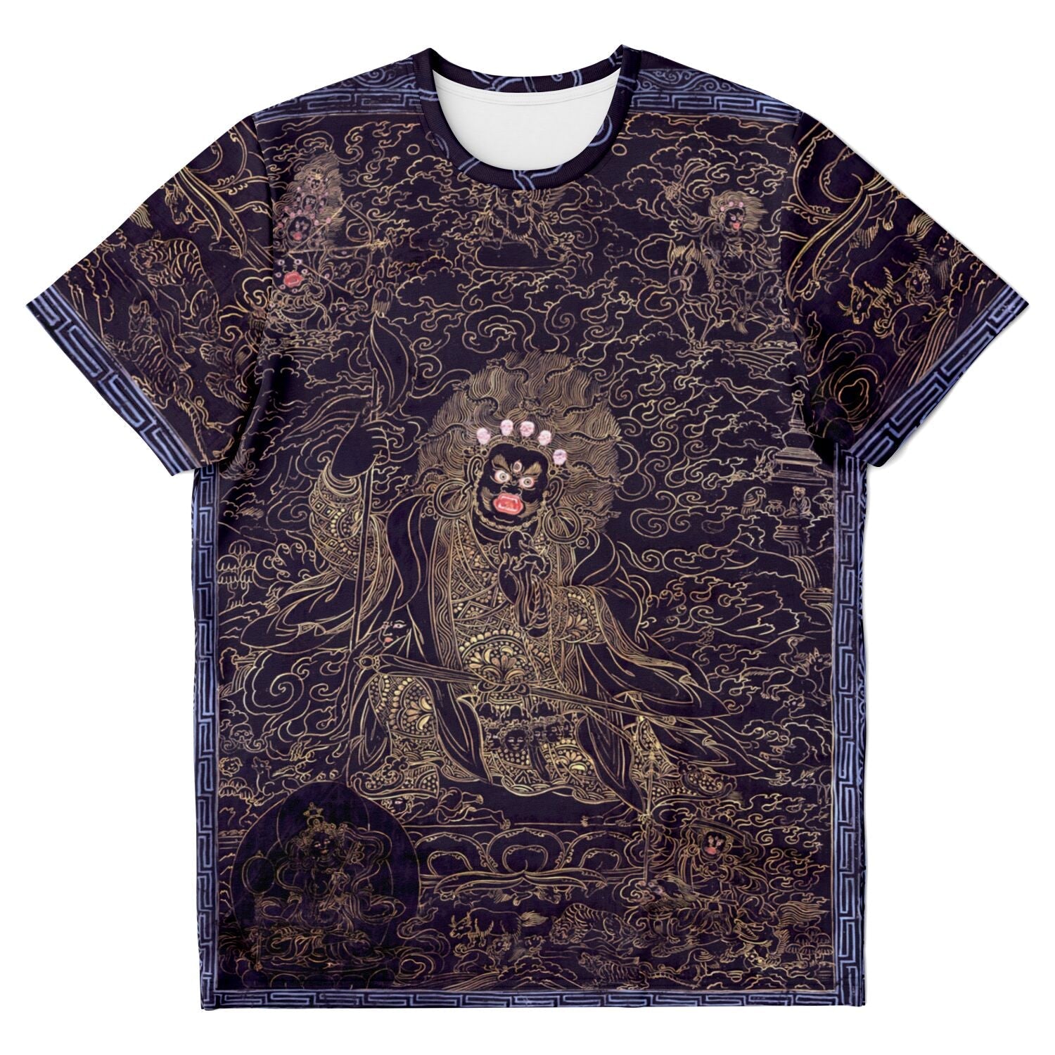 Cobalt and Gold Mahakala | Fierce Tibetan Nepal Mahayana Dharma Protector Thangka | Tantric Tantra All-Over-Print T-Shirt-Sacred Surreal