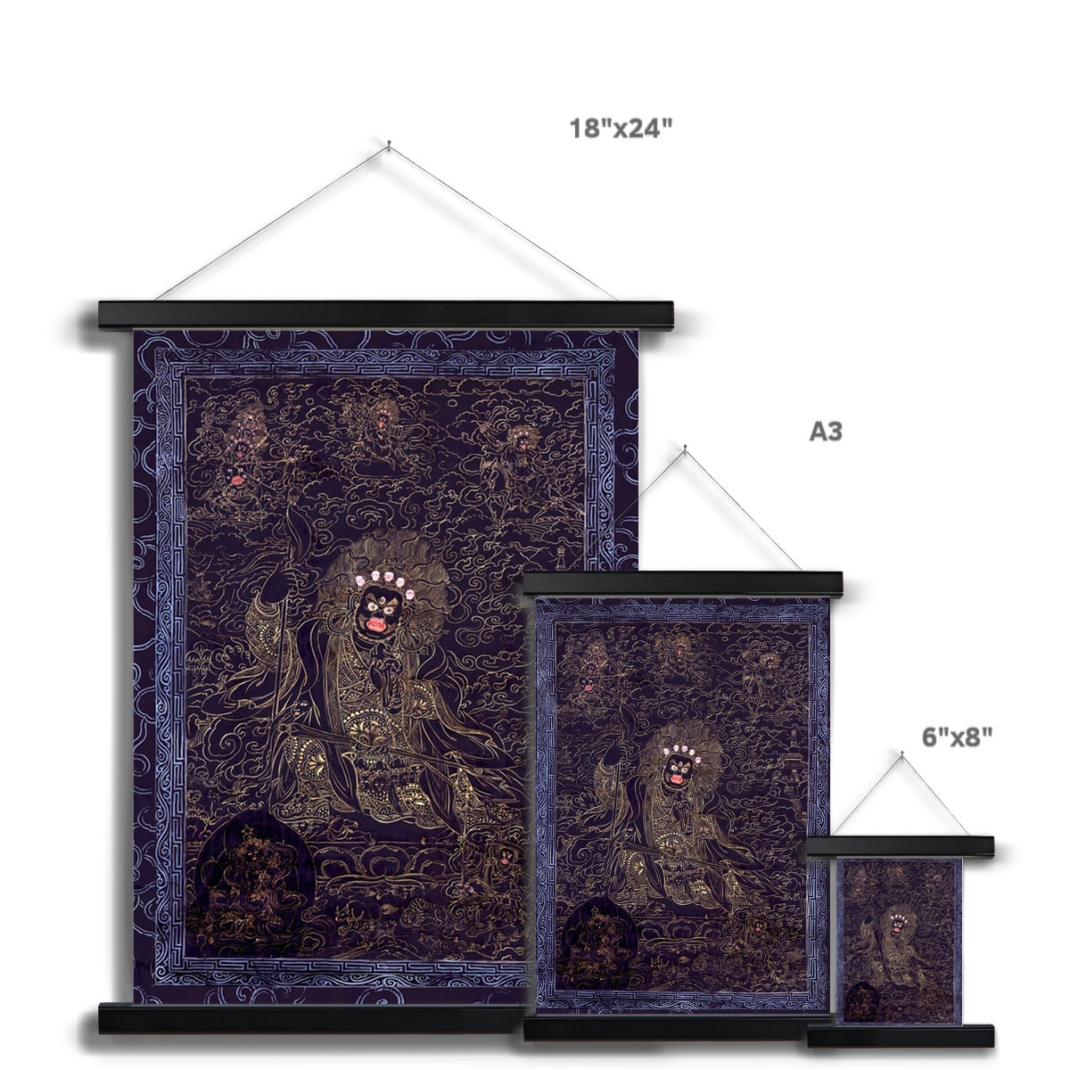 Cobalt and Gold Mahakala | Avalokiteshvara Abitabha, Compassion Bodhisattva | Vintage Tibetan Vajrayana Buddhist Fine Art Print Fine Art Print w Hanger