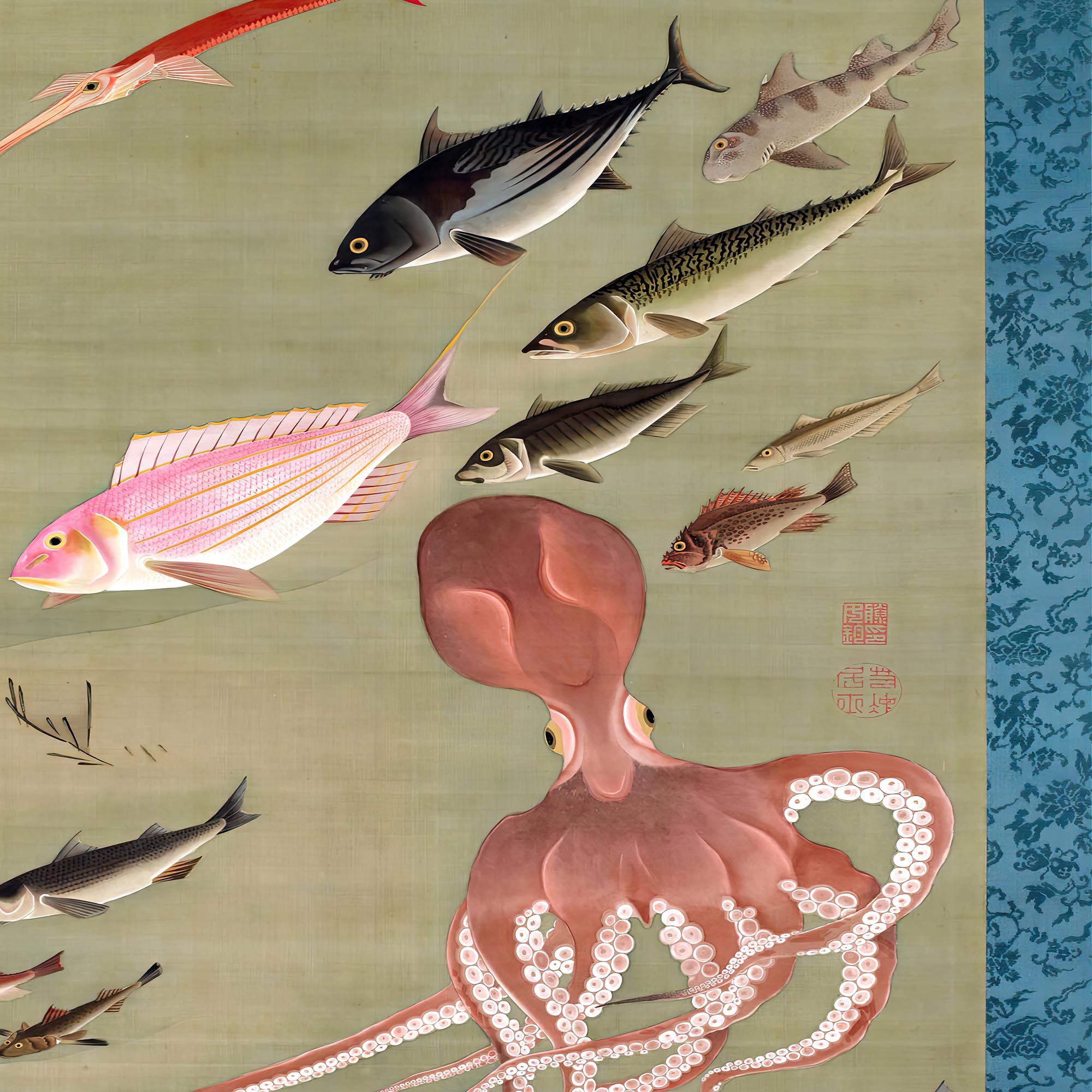 Fine art Colorful Realm of Living Beings | Fish and Octopus Vintage Japanese Painting of Aquatic Life Fine Art Pint