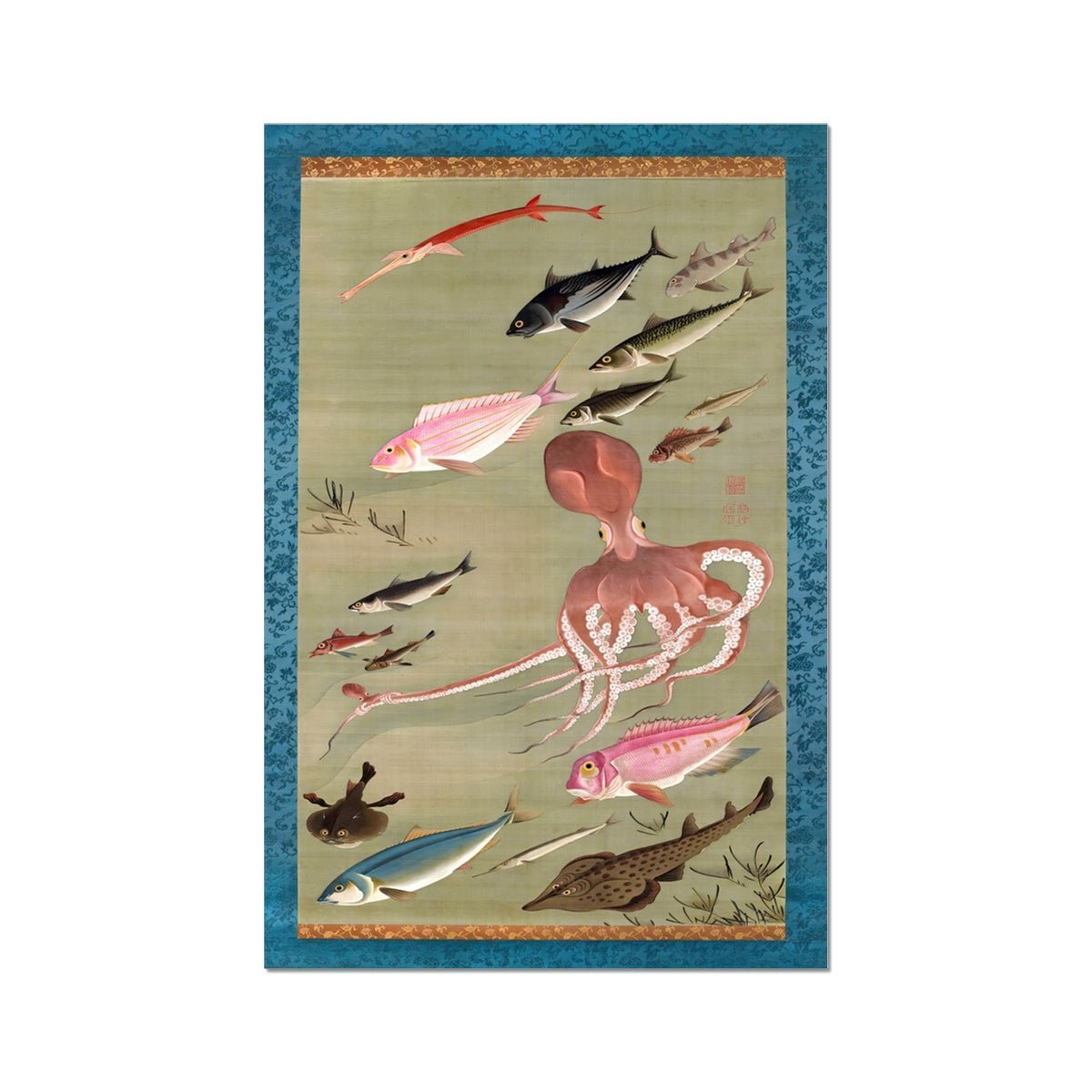 Fine art Colorful Realm of Living Beings | Fish and Octopus Vintage Japanese Painting of Aquatic Life Fine Art Pint