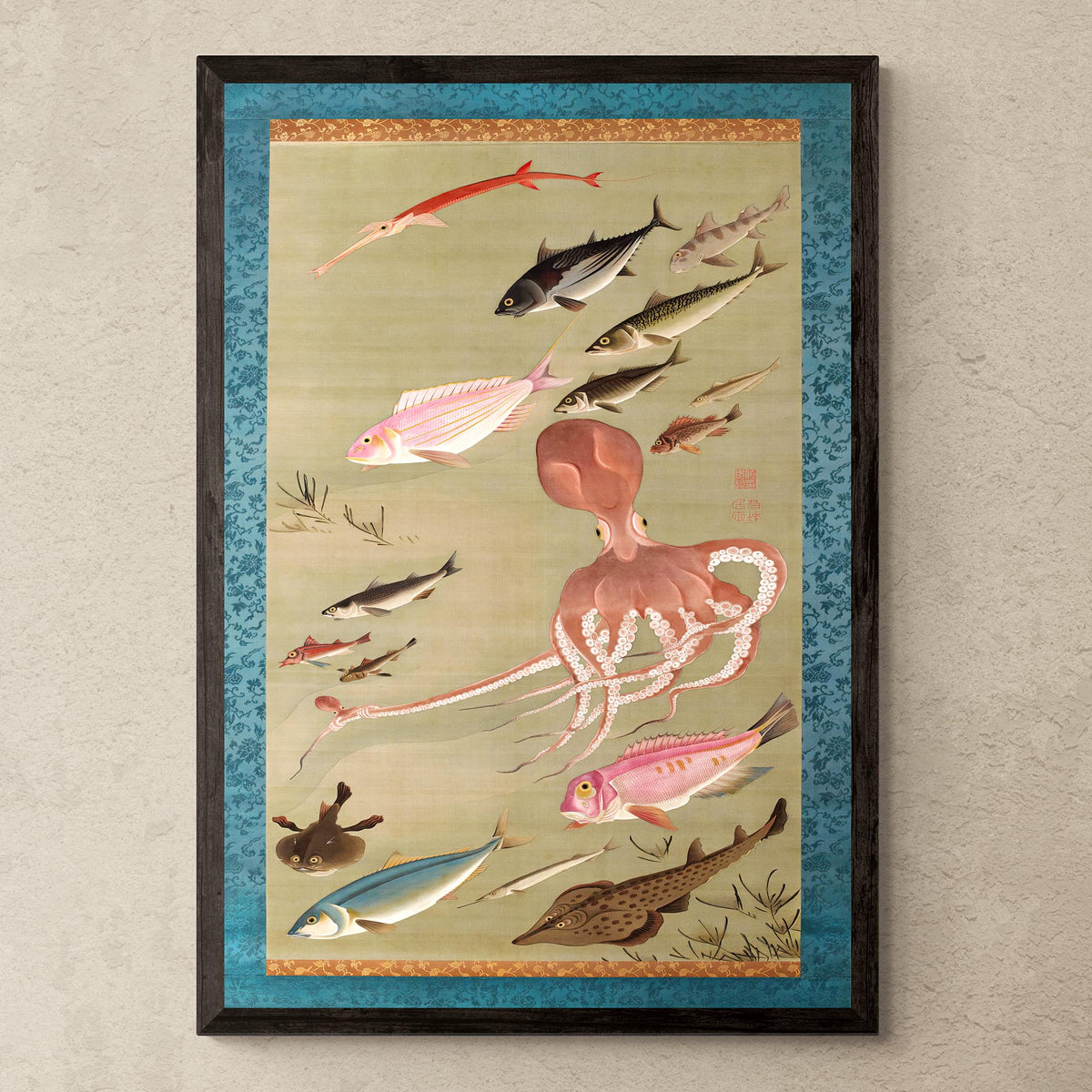 Fine art 4&quot;x6&quot; Colorful Realm of Living Beings | Fish and Octopus Vintage Japanese Painting of Aquatic Life Fine Art Pint