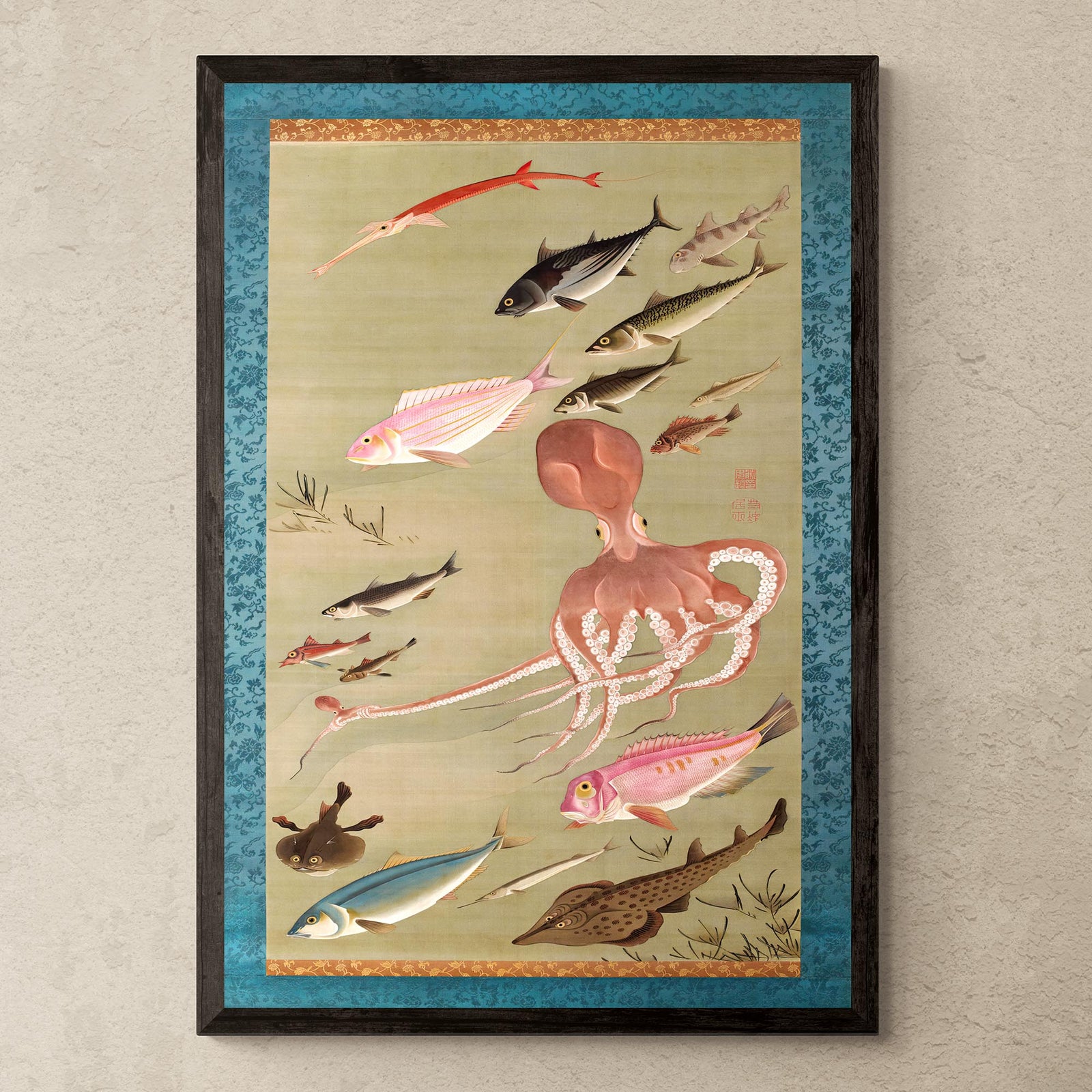 Fine art 4"x6" Colorful Realm of Living Beings | Fish and Octopus Vintage Japanese Painting of Aquatic Life Fine Art Pint