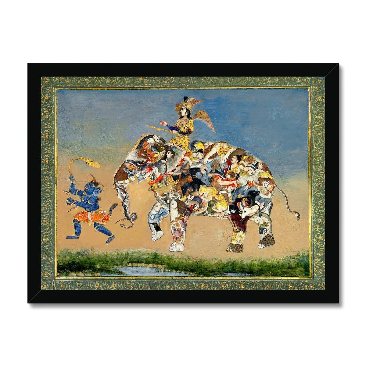 Framed Print Composite Indian Elephant: 19th Century |  Gold Buddhist Asian Persian Mughal Style Framed Art Print