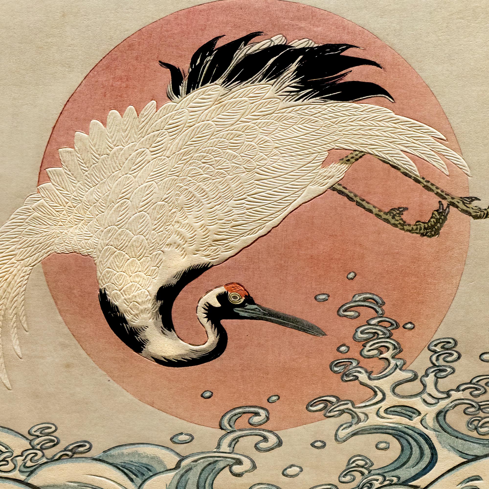 giclee Crane, Waves and Rising Sun (Isoda Koryusai) | Japanese Ukiyo-e Woodblock Edo Vintage Bird Lover Fine Art Print