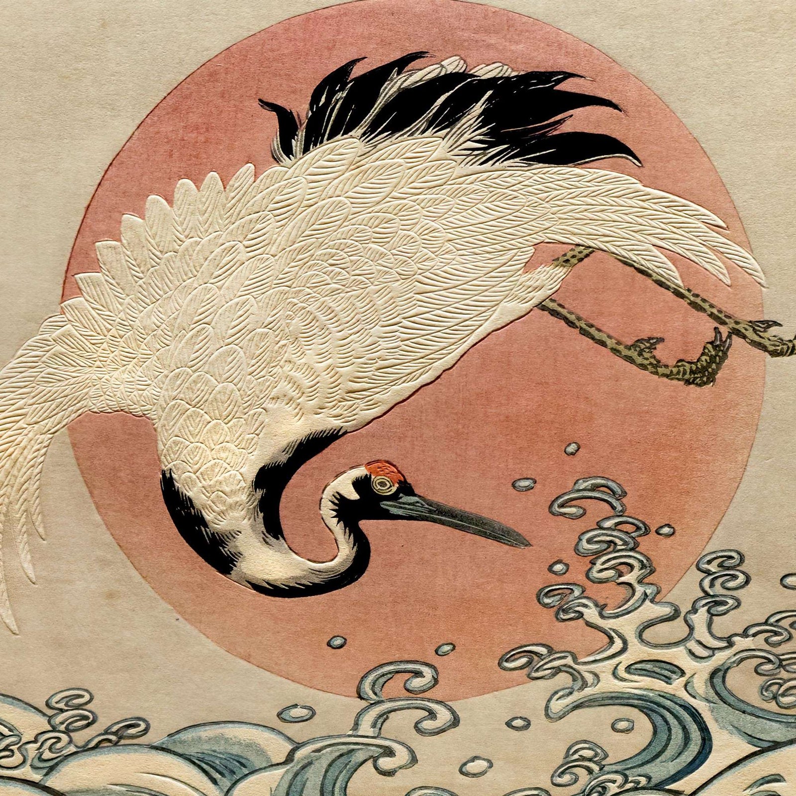 Crane, Waves and Rising Sun (Isoda Koryusai) | Japanese Ukiyo-e Woodblock Edo Vintage Bird Lover Fine Art Print