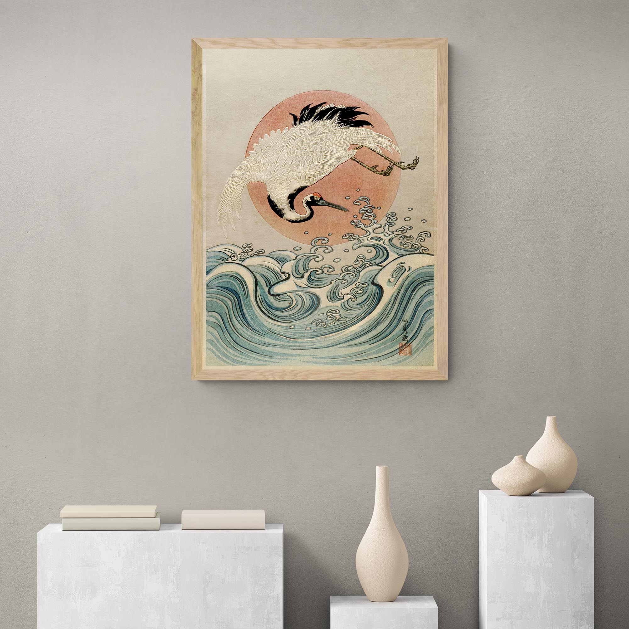 giclee Crane, Waves and Rising Sun (Isoda Koryusai) | Japanese Ukiyo-e Woodblock Edo Vintage Bird Lover Fine Art Print