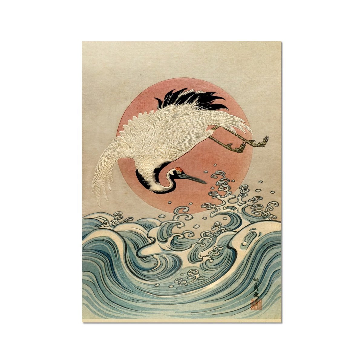 Crane, Waves and Rising Sun (Isoda Koryusai) | Japanese Ukiyo-e Woodblock Edo Vintage Bird Lover Fine Art Print
