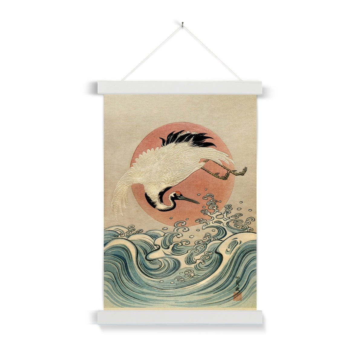 Hangar Thangka 6"x8" / White Frame Crane, Waves and Rising Sun Japanese Edo Woodblock Vintage Bird Fine Art Print with Hanger