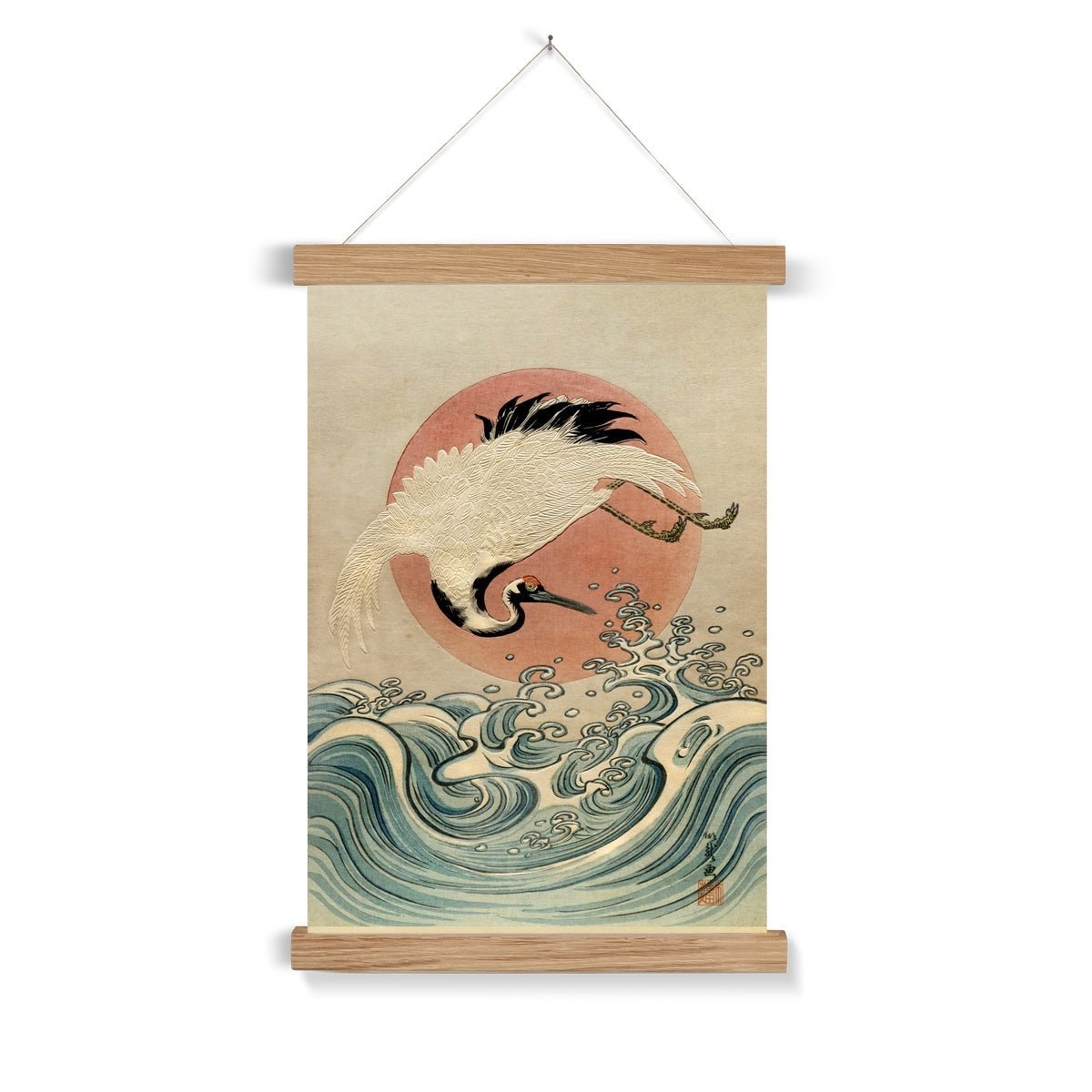 Hangar Thangka 6"x8" / Natural Frame Crane, Waves and Rising Sun Japanese Edo Woodblock Vintage Bird Fine Art Print with Hanger