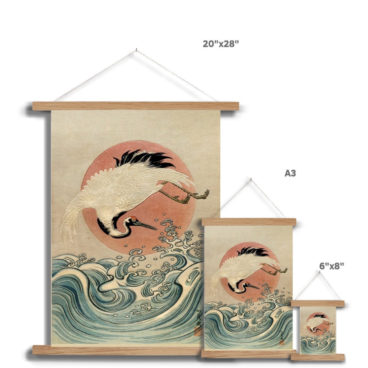 Hangar Thangka Crane, Waves and Rising Sun Japanese Edo Woodblock Vintage Bird Fine Art Print with Hanger