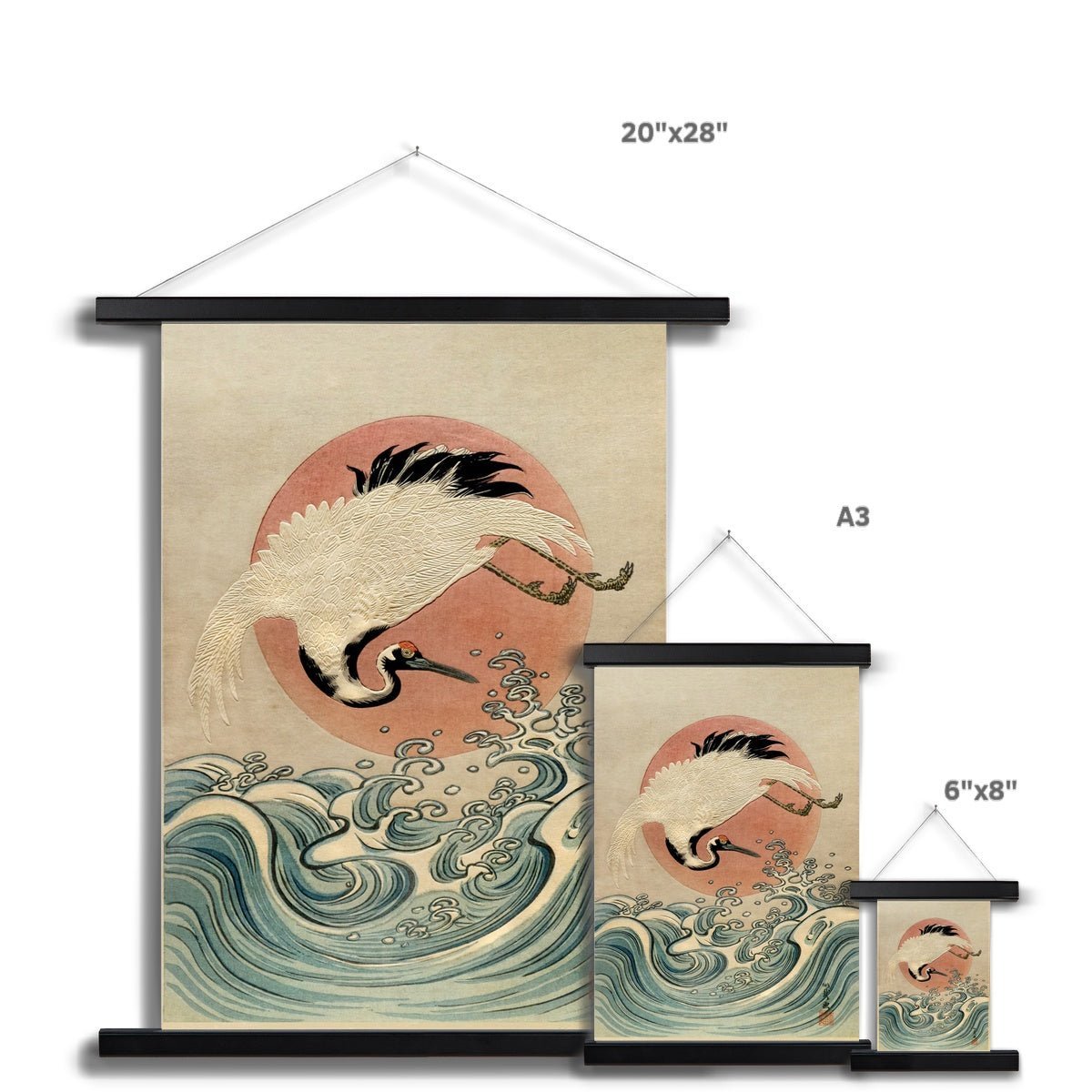 Hangar Thangka Crane, Waves and Rising Sun Japanese Edo Woodblock Vintage Bird Fine Art Print with Hanger