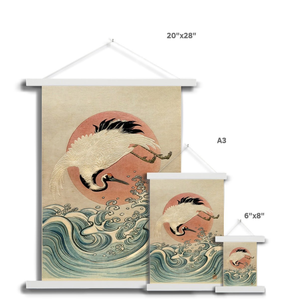 Crane, Waves and Rising Sun Japanese Edo Woodblock Vintage Bird Fine Art Print with Hanger