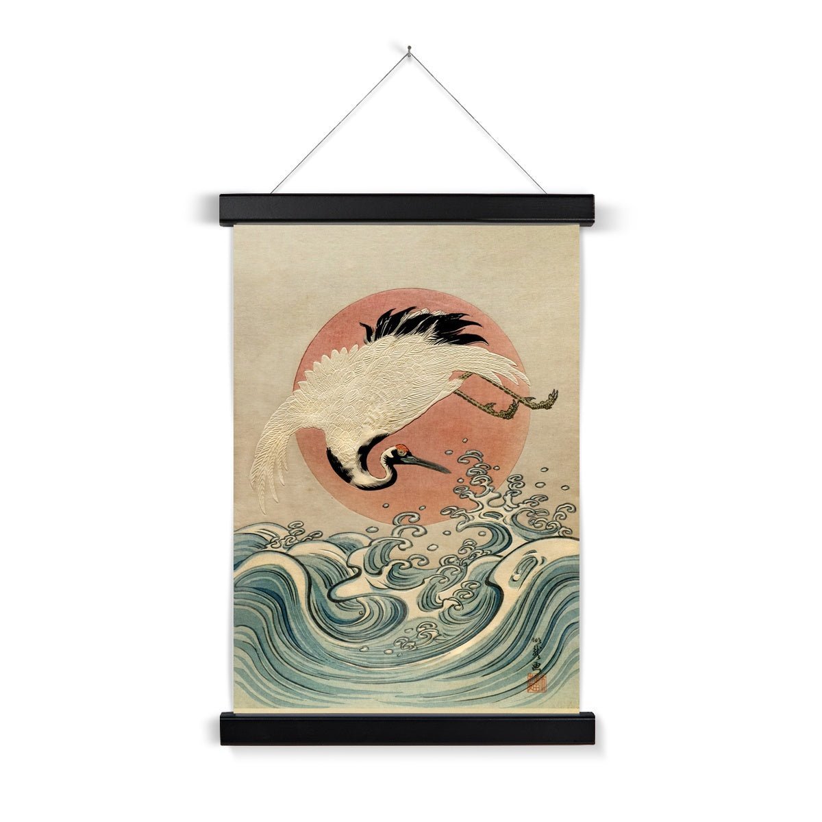 Hangar Thangka 6&quot;x8&quot; / Black Frame Crane, Waves and Rising Sun Japanese Edo Woodblock Vintage Bird Fine Art Print with Hanger