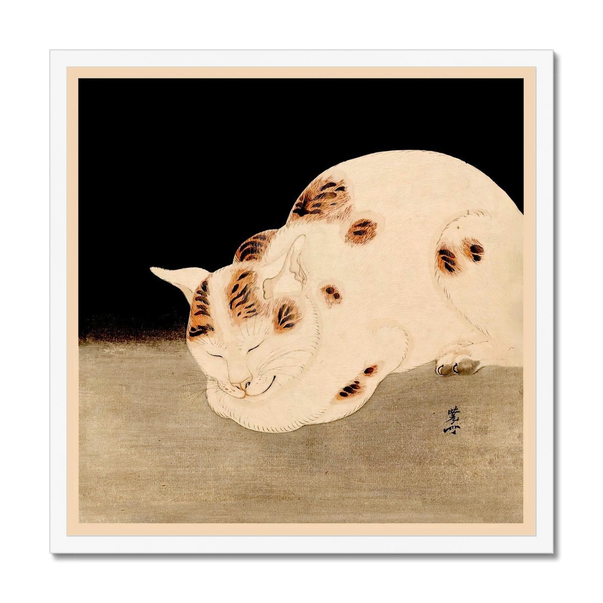 Framed Print 12"x12" / White Frame Cute Sleeping Cat (Kawanabe Kyosai) Woodblock Japanese Meiji Ukiyo-e Antique Feline Vintage Kawaii Framed Art Print