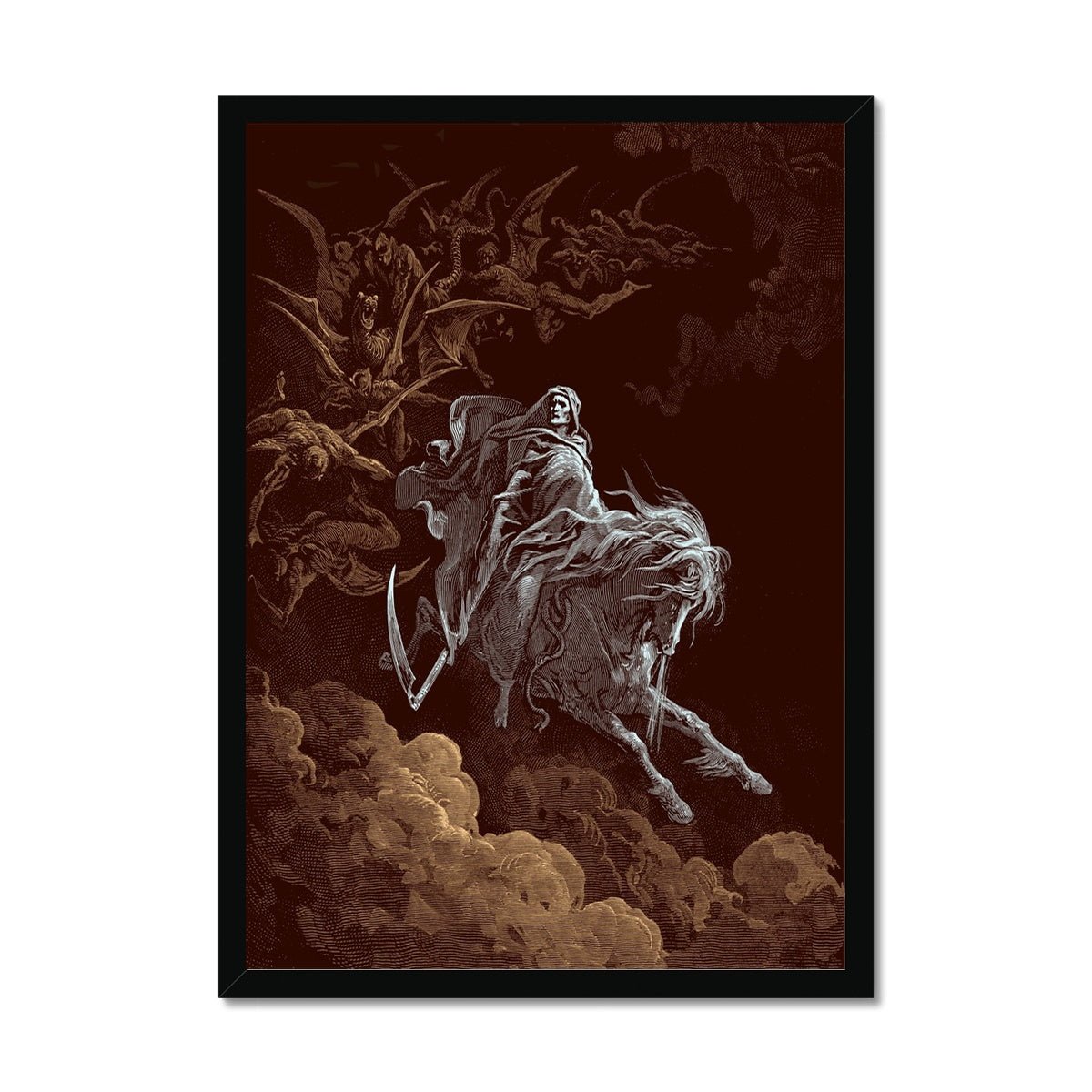 Fine art 6"x8" / Black Frame Death on a Pale Horse by Gustave Dore | Apocalypse, Revelations, Armageddon | Four Horsemen, Demonic Framed Art Print