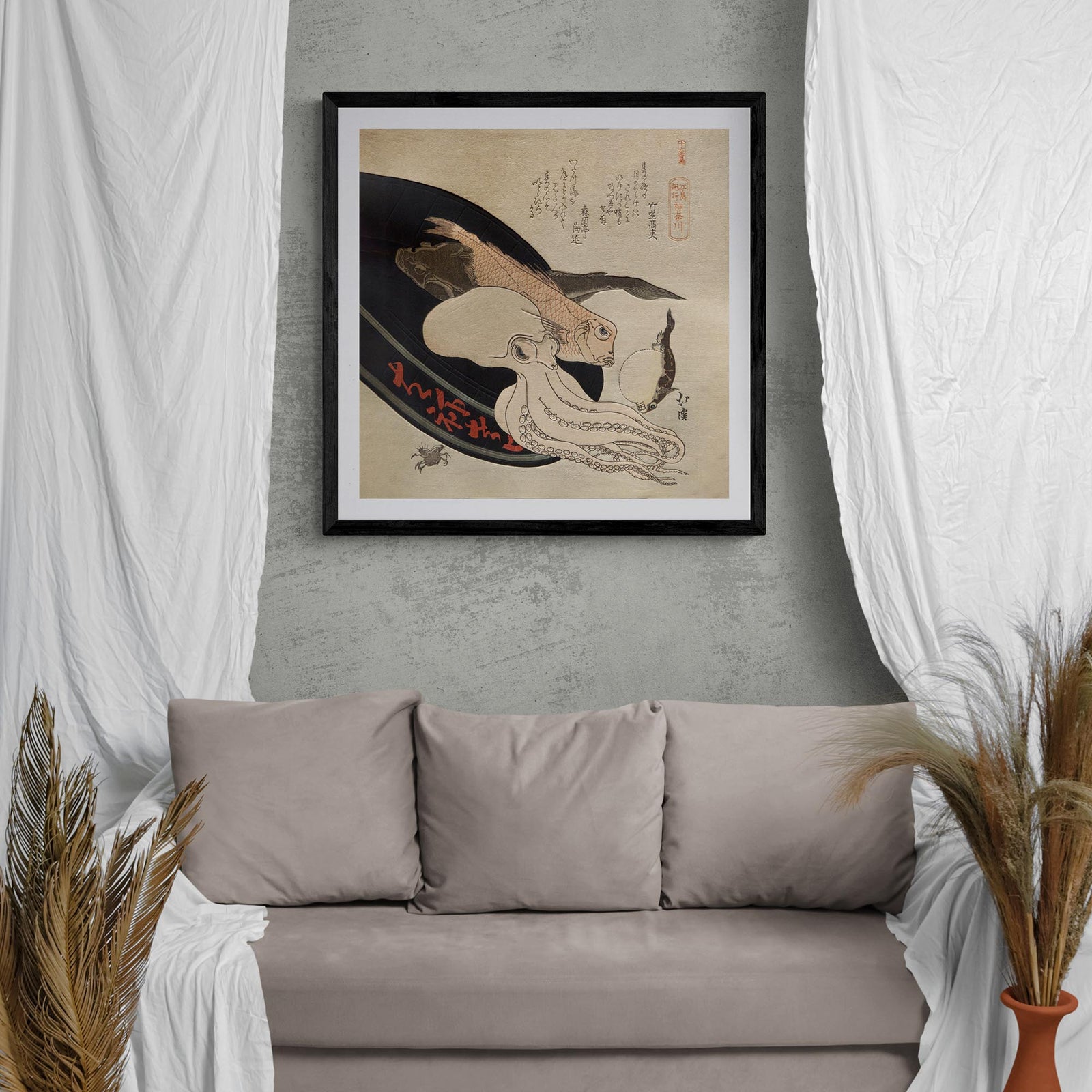 Delicacies of the Deep: Totoya Hokkei Japanese Squid Octopus Edo Woodblock Print | Cute Kawaii Undersea Marine Life Framed Art Print