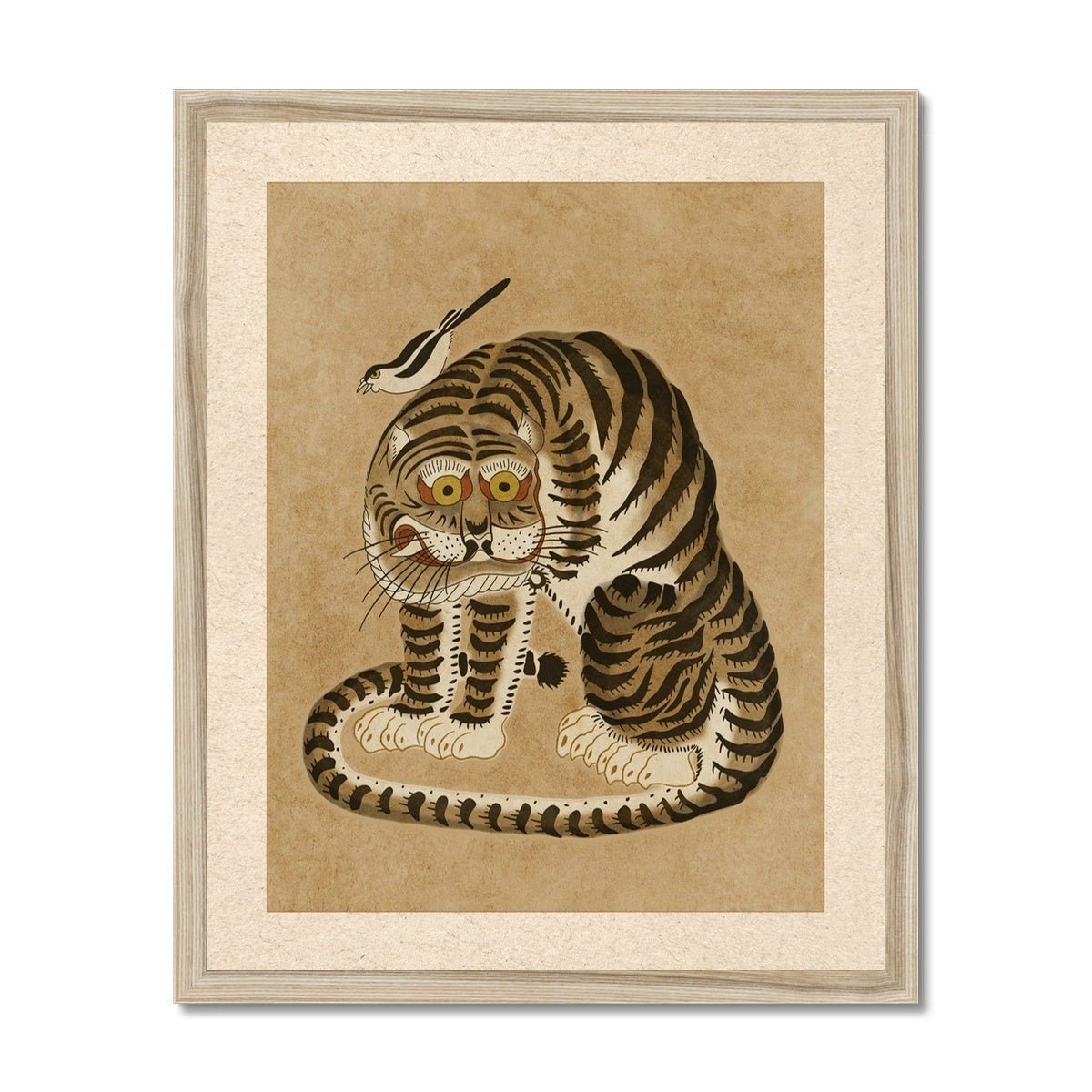 Natural Frame / 6"x8" Derpy Framed Tiger and Magpie | Kawai Cute Asian Folk Art Mythology | Korean Minhwa Lion Leopard, Home Boho Decor, Fine Art Framed Print