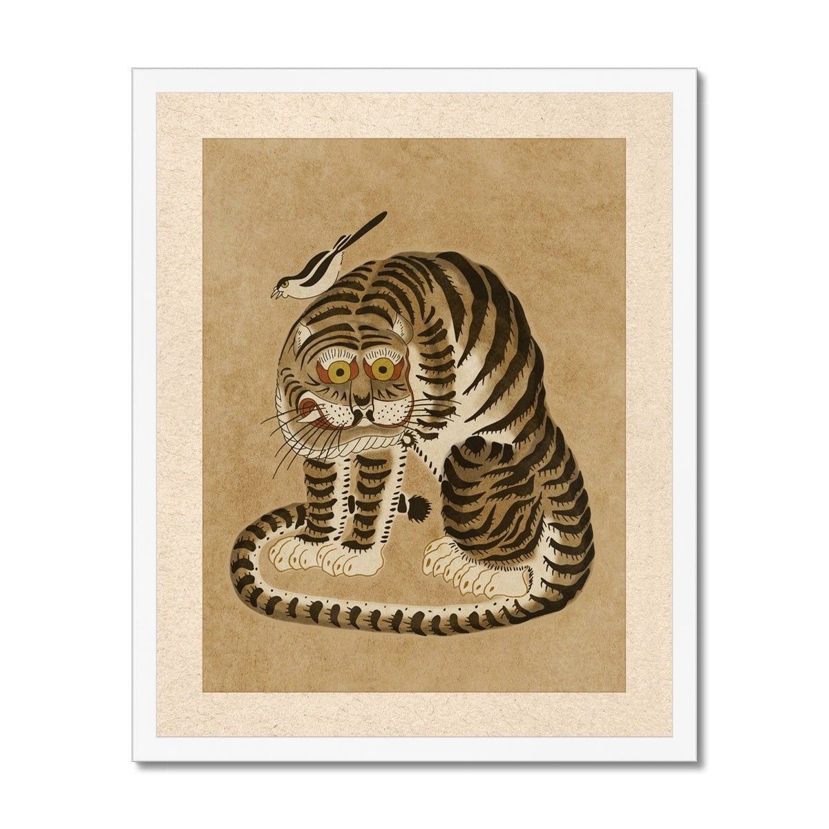 Derpy Framed Tiger and Magpie | Kawai Cute Asian Folk Art Mythology | Korean Minhwa Lion Leopard, Home Boho Decor, Fine Art Framed Print