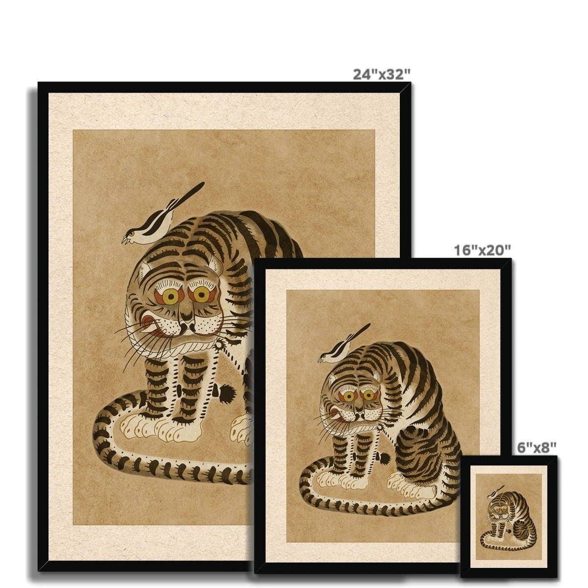 Derpy Framed Tiger and Magpie | Kawai Cute Asian Folk Art Mythology | Korean Minhwa Lion Leopard, Home Boho Decor, Fine Art Framed Print
