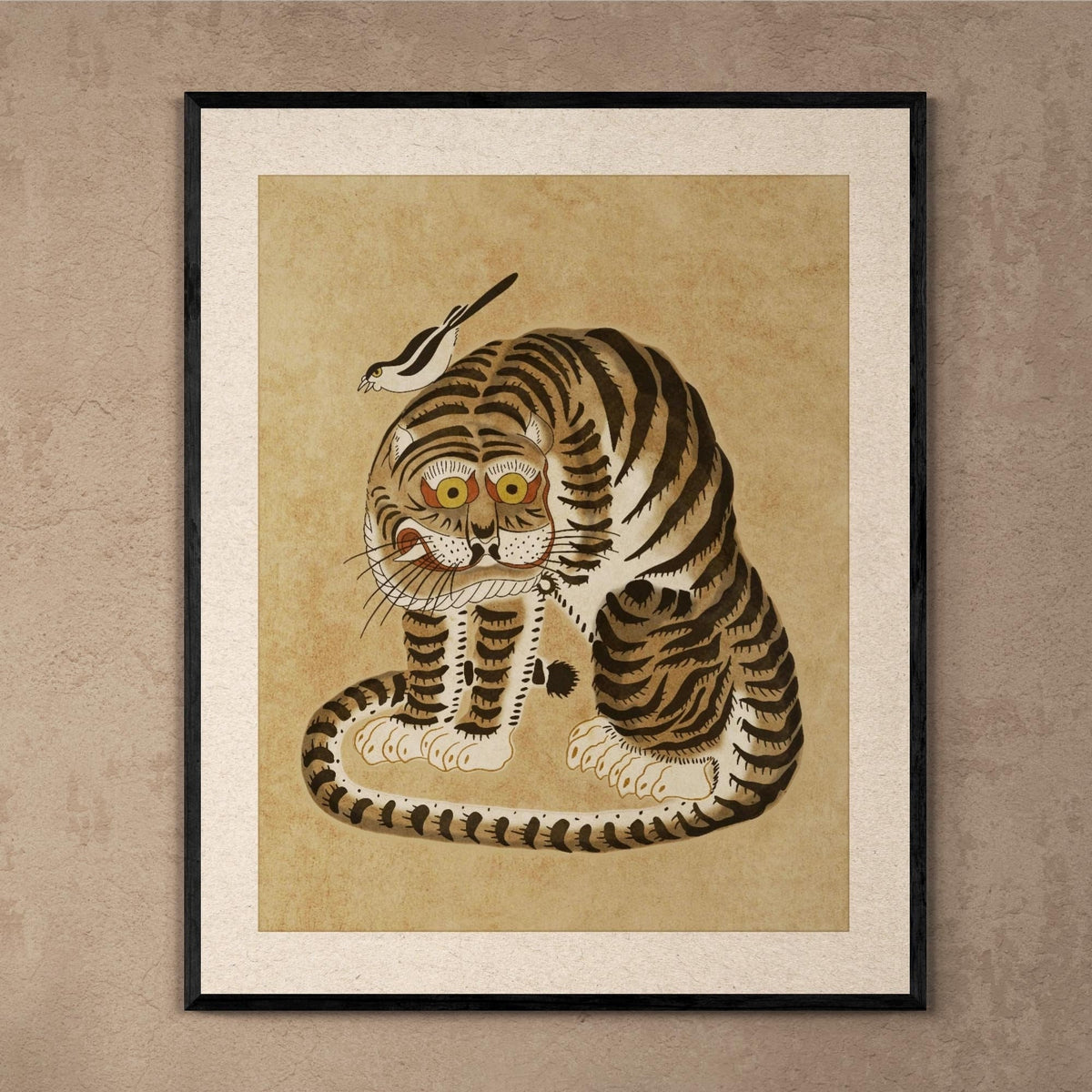 Black Frame / 6&quot;x8&quot; Derpy Framed Tiger and Magpie | Kawai Cute Asian Folk Art Mythology | Korean Minhwa Lion Leopard, Home Boho Decor, Fine Art Framed Print