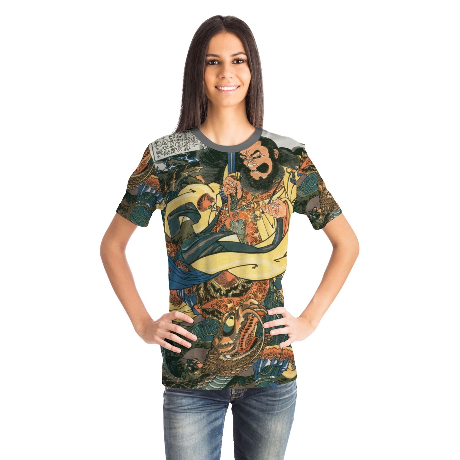 AOP T-Shirt Ding Desun Battles A Serpent Snake | Kuniyoshi's Heroes of the Suikoden, Japanese Samurai Warrior Vintage Graphic Art T-Shirt