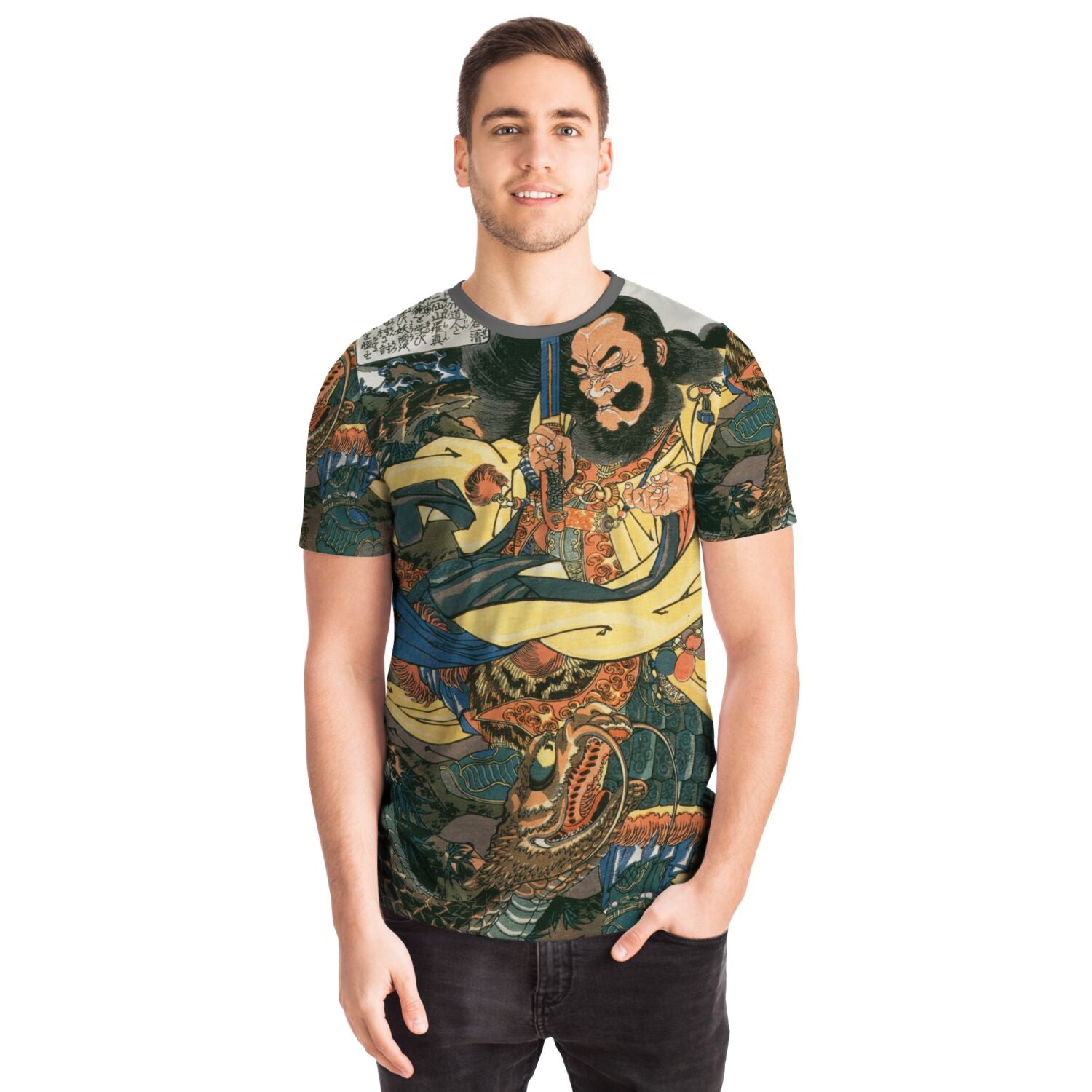 AOP T-Shirt Ding Desun Battles A Serpent Snake | Kuniyoshi's Heroes of the Suikoden, Japanese Samurai Warrior Vintage Graphic Art T-Shirt