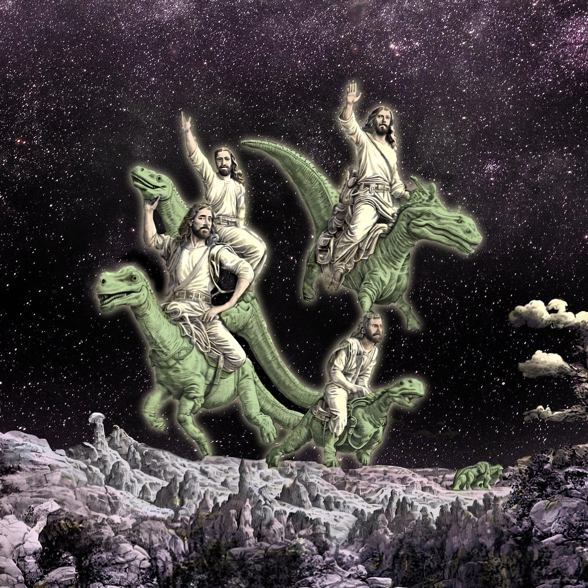 Disco Jesus and the Dinosaurs Funny Fantasy Atheist Tee | Surreal Galaxy Collage Graphic Art T-Shirt