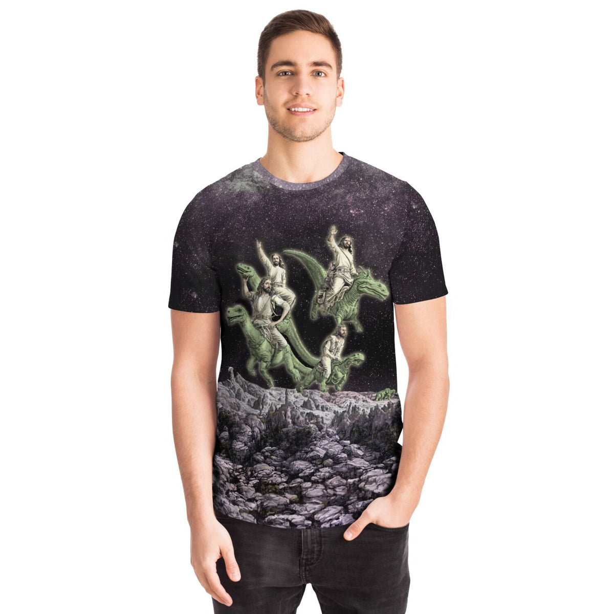 Disco Jesus and the Dinosaurs Funny Fantasy Atheist Tee | Surreal Galaxy Collage Graphic Art T-Shirt