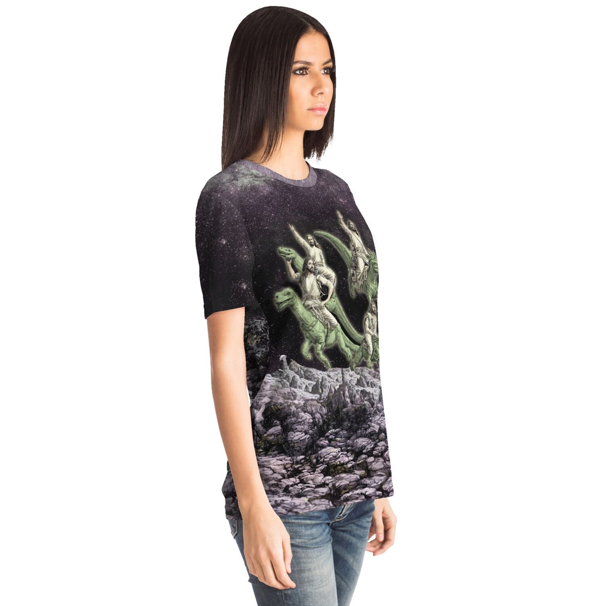 Disco Jesus and the Dinosaurs Funny Fantasy Atheist Tee | Surreal Galaxy Collage Graphic Art T-Shirt