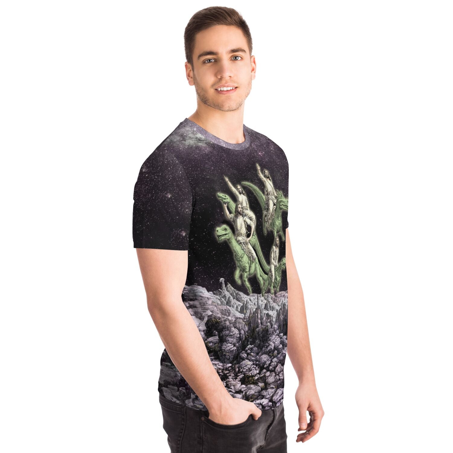 Disco Jesus and the Dinosaurs Funny Fantasy Atheist Tee | Surreal Galaxy Collage Graphic Art T-Shirt