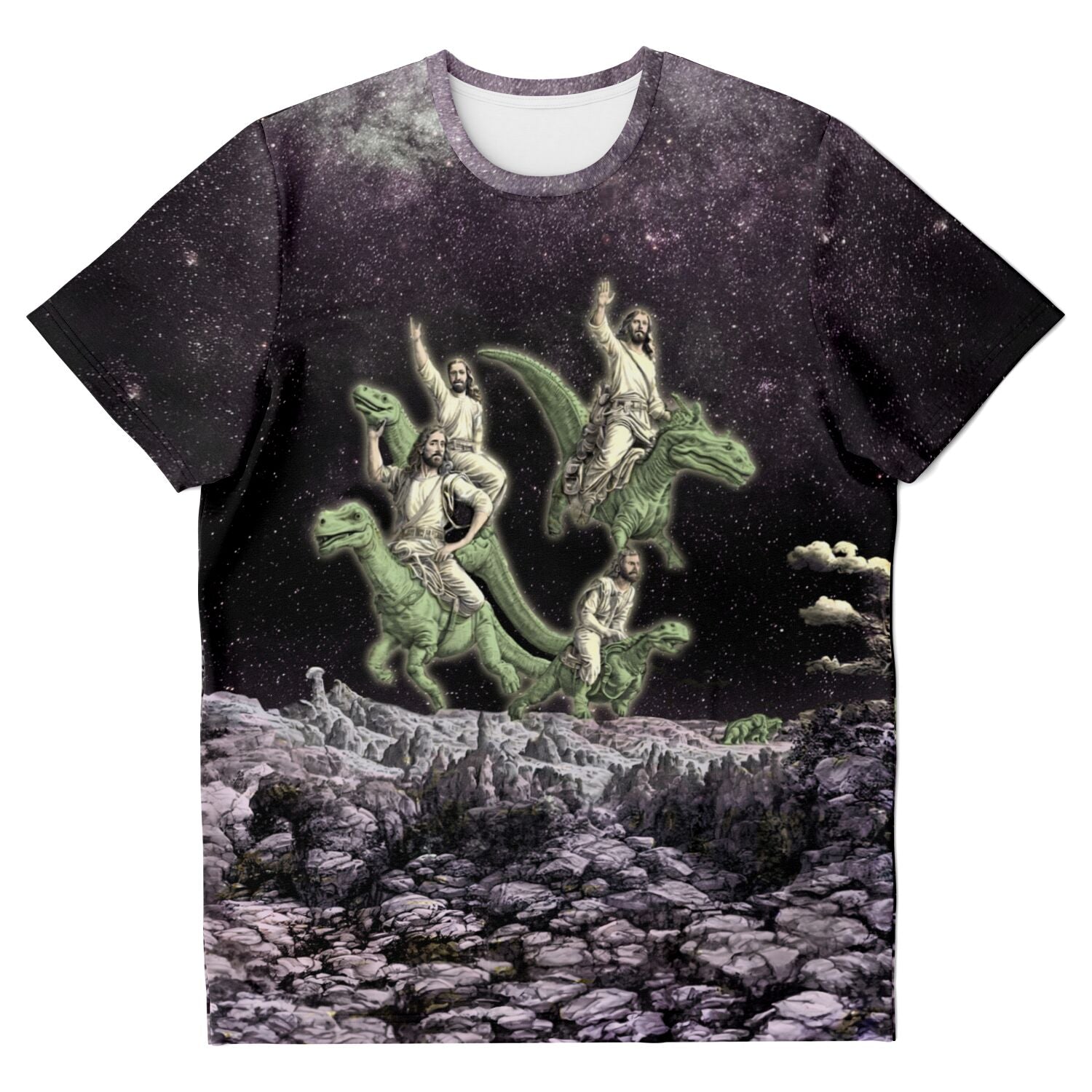 Disco Jesus and the Dinosaurs Funny Fantasy Atheist Tee | Surreal Galaxy Collage Graphic Art T-Shirt