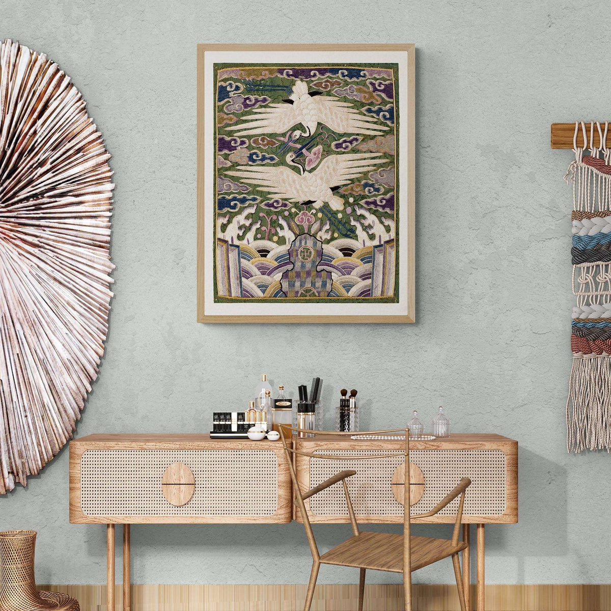 Double Swans Embroidery Design, Traditional Silk Hyungbae Textile, Vintage Korean Cranes, Bird Lover Gift Giclée Fine Art Print