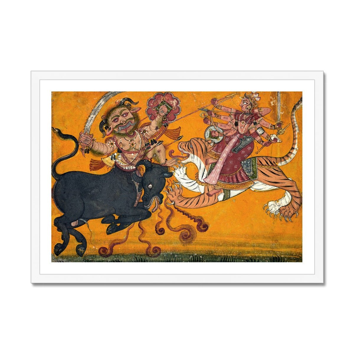 Fine art A4 Landscape / White Frame Durga Slaying Mahisha: Feminine Strength & Empowerment Deity | Powerful Woman Protector Goddess Framed Art Print