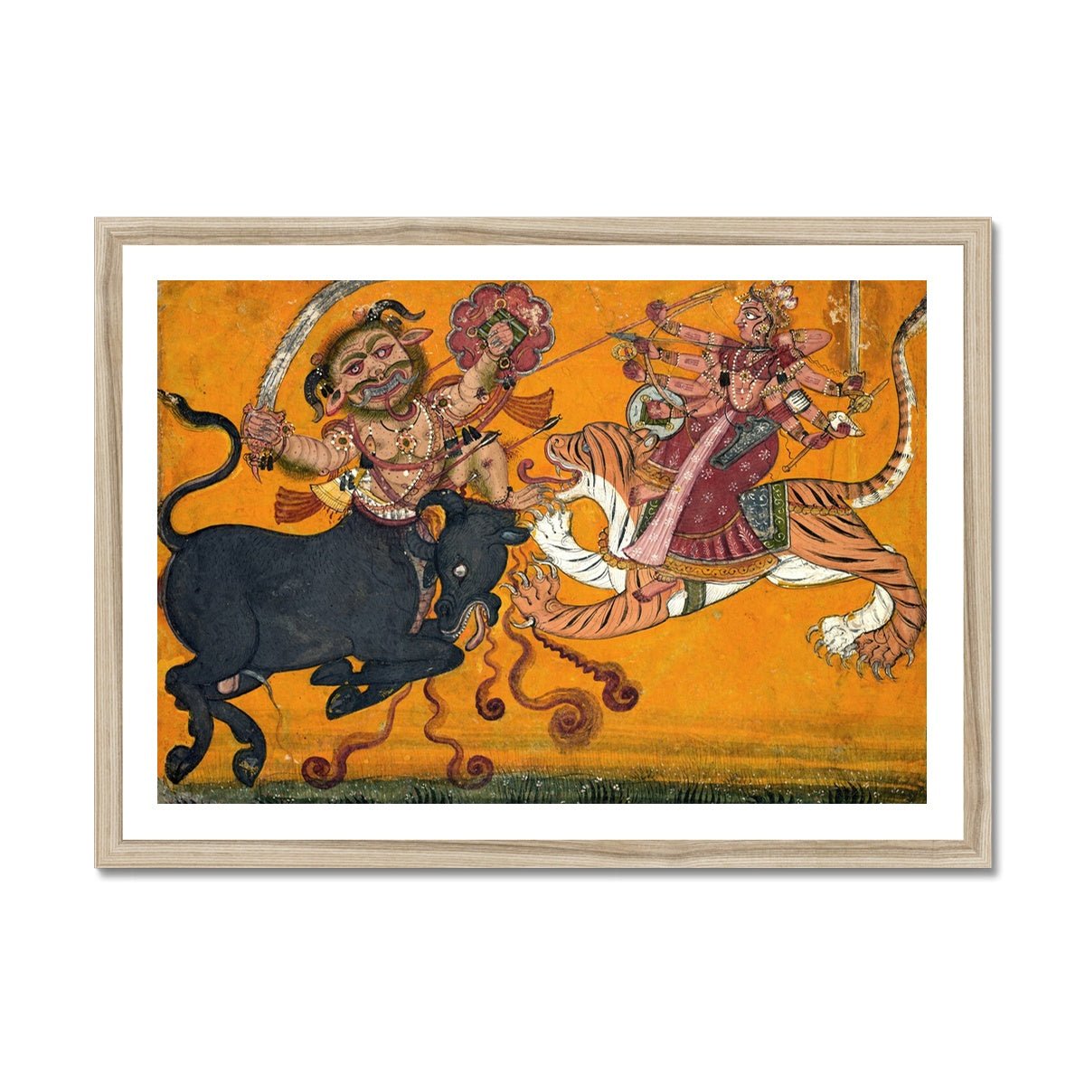 Fine art A4 Landscape / Natural Frame Durga Slaying Mahisha: Feminine Strength & Empowerment Deity | Powerful Woman Protector Goddess Framed Art Print
