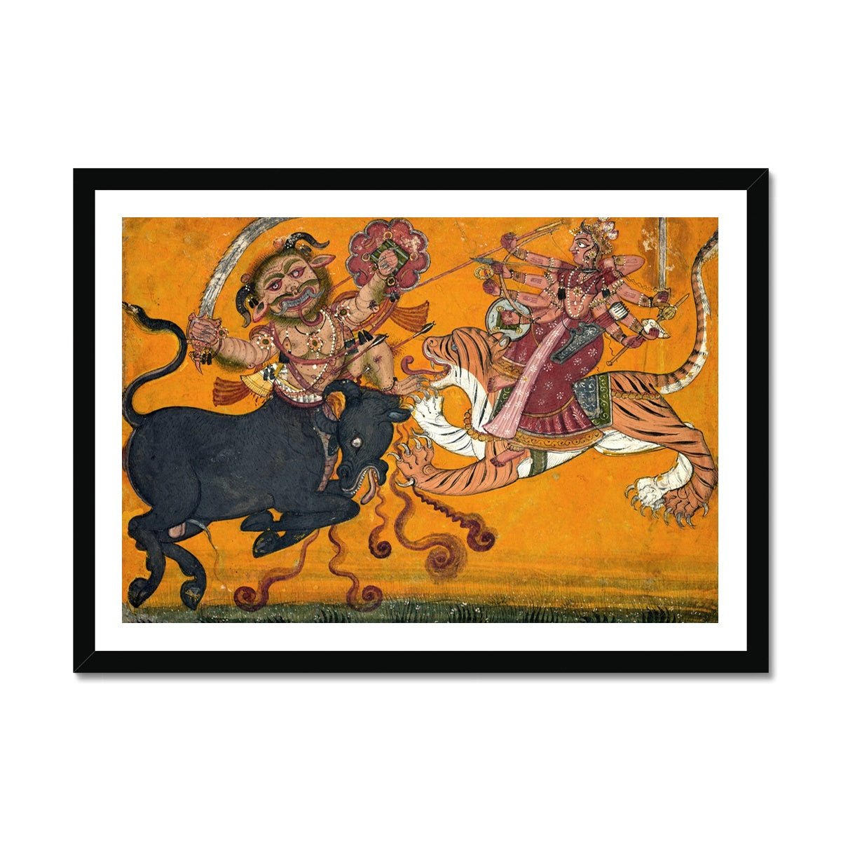 Fine art A4 Landscape / Black Frame Durga Slaying Mahisha: Feminine Strength & Empowerment Deity | Powerful Woman Protector Goddess Framed Art Print