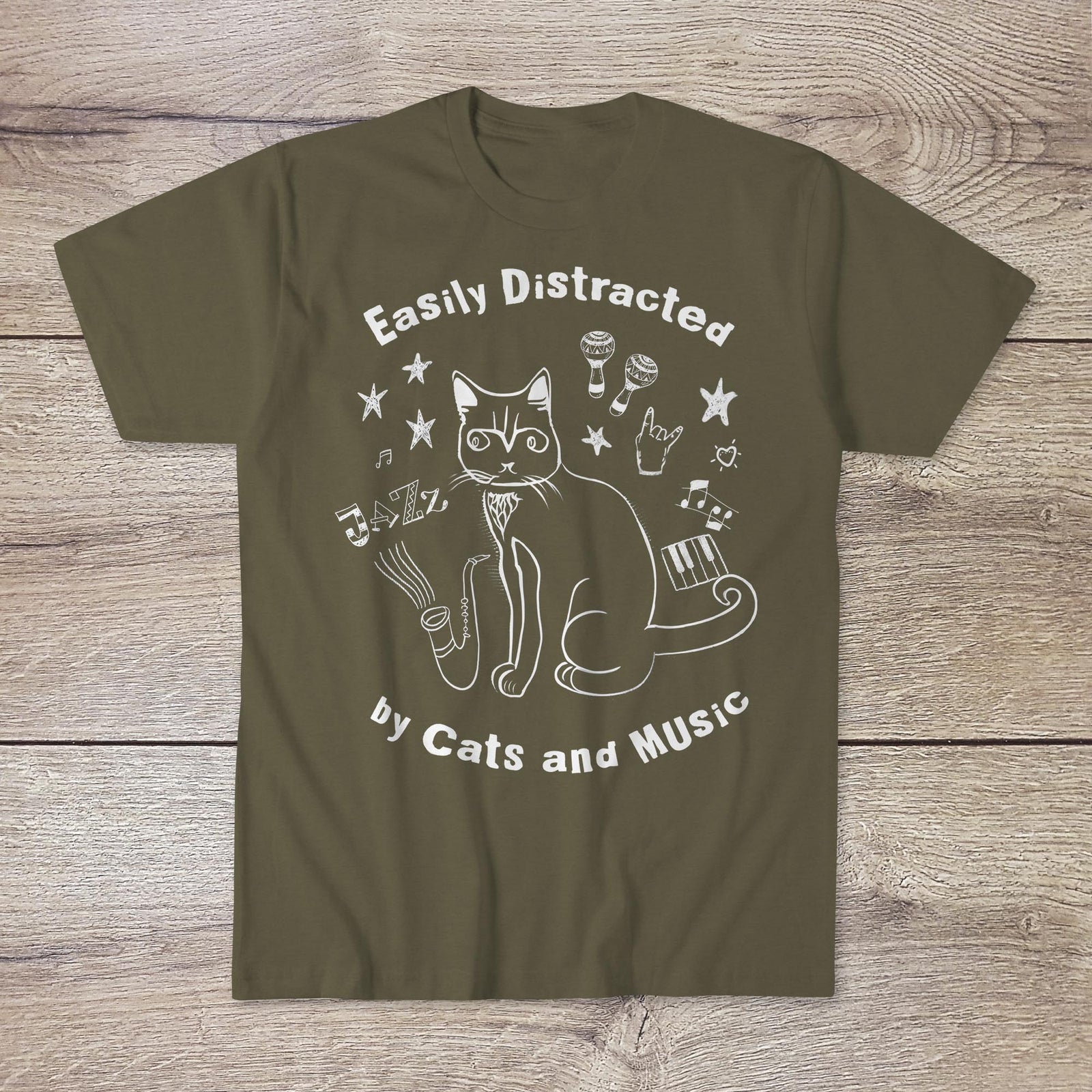 Easily Distracted by Cats and Music | Music Lover, Funny Cat Shirt Meme | ADHD Superpower Graphic-Art T-Shirt