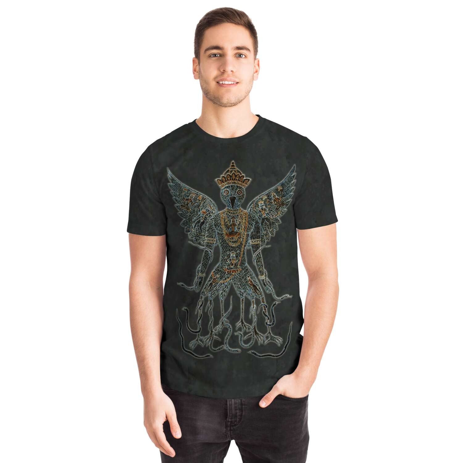 AOP T-Shirt Embroidery-Style Garuda and Nagas Sacred Dharma Protector Buddhist, Vishnu Hindu Graphic Art Tee T-Shirt