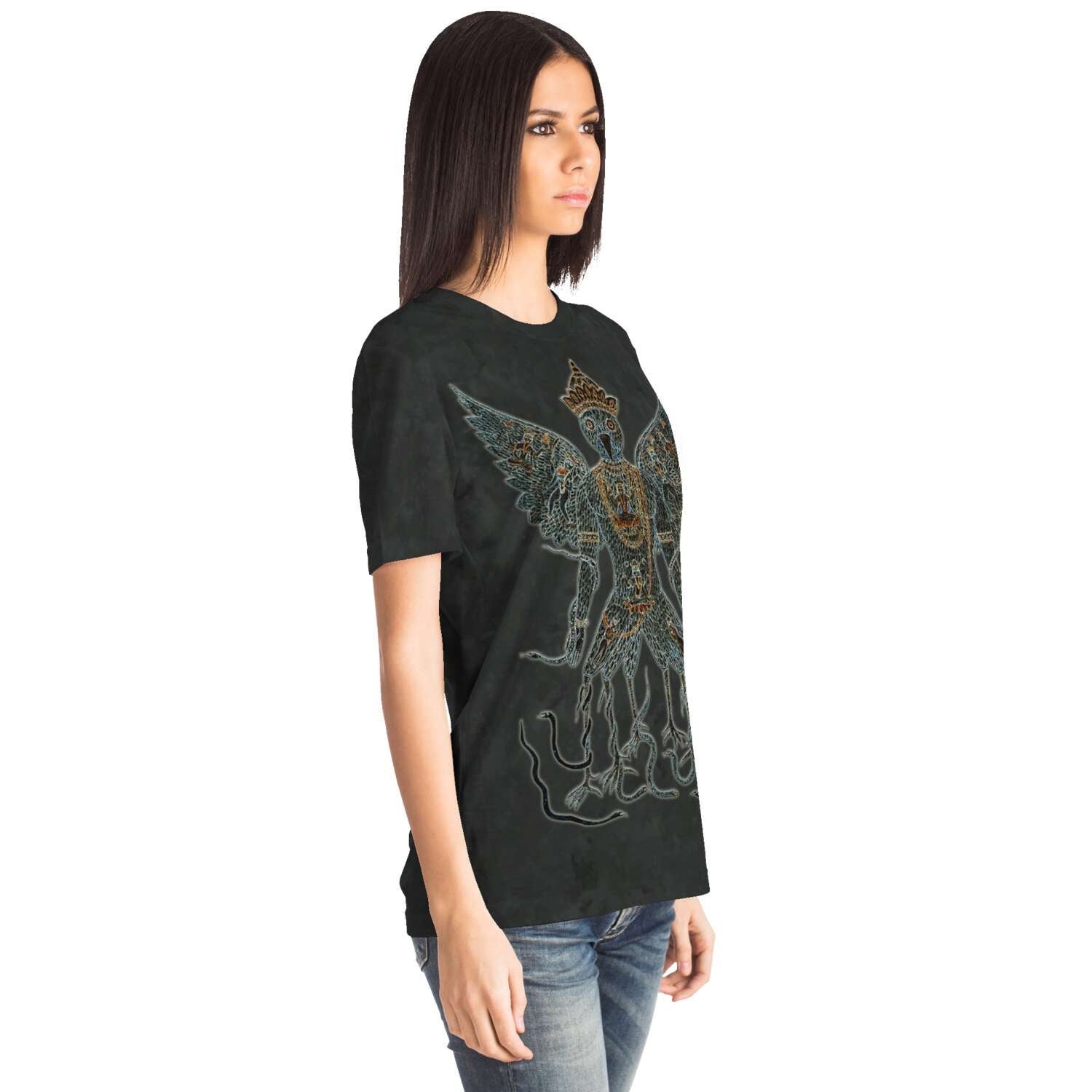 AOP T-Shirt Embroidery-Style Garuda and Nagas Sacred Dharma Protector Buddhist, Vishnu Hindu Graphic Art Tee T-Shirt