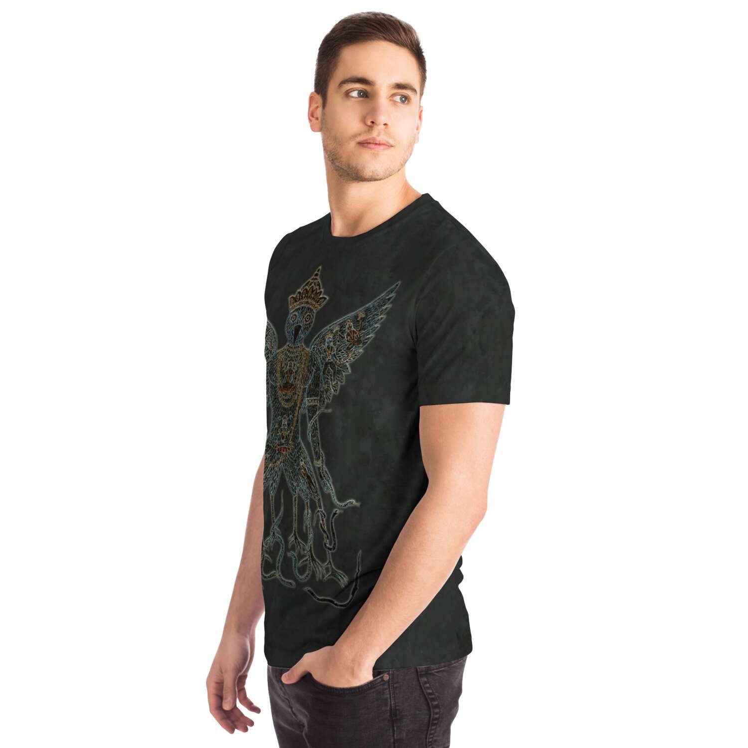 AOP T-Shirt Embroidery-Style Garuda and Nagas Sacred Dharma Protector Buddhist, Vishnu Hindu Graphic Art Tee T-Shirt